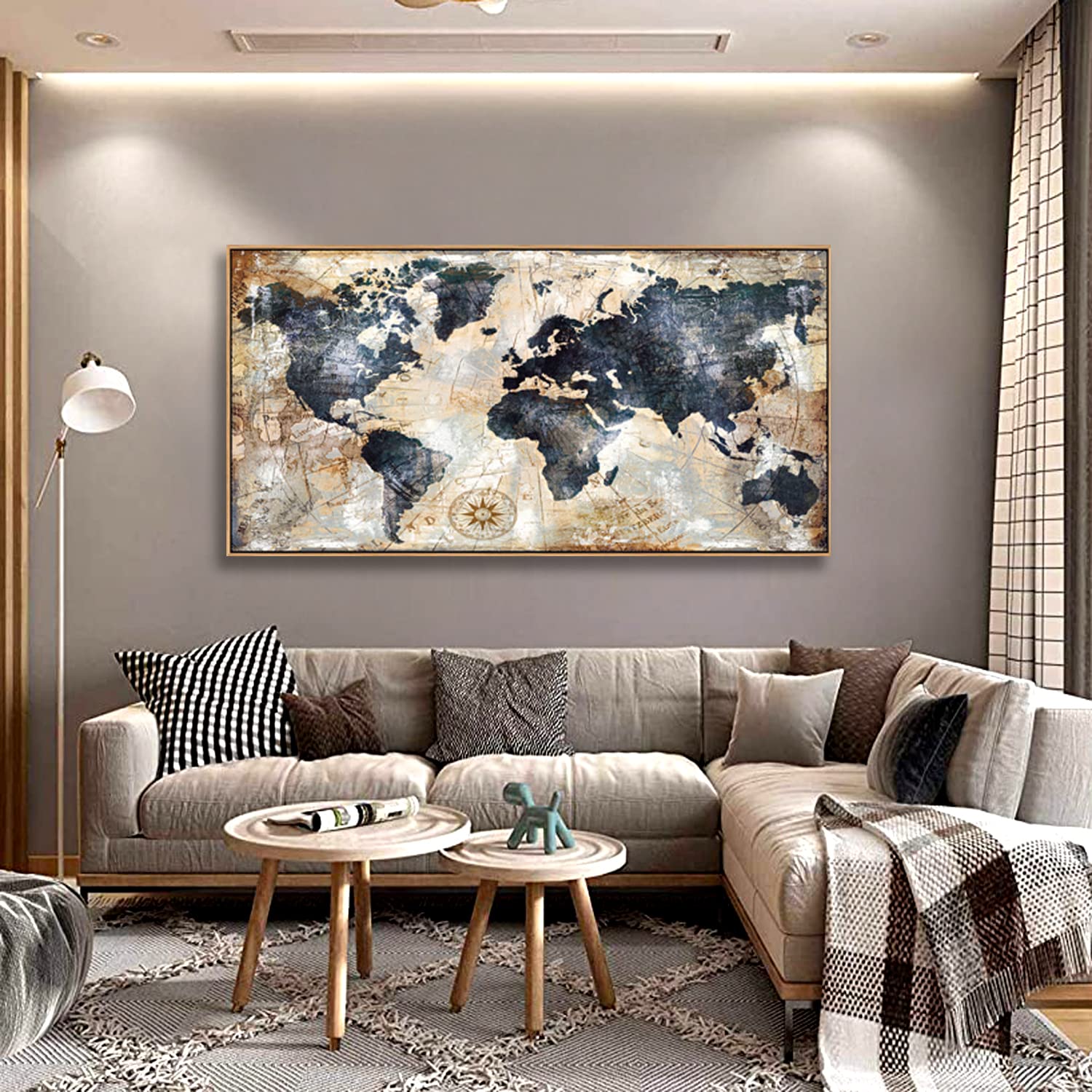 World Map Wall Art Print - Framed Canvas Decor for Home & Office - 20x40 Inch Ready to Hang - Perfect for Travel Lovers & Nautical Theme Rooms (Living Room, Bedroom, Study)
