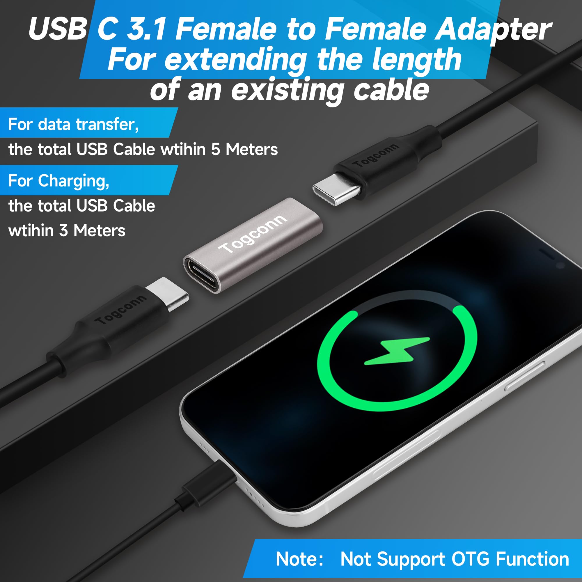 Togconn USB C Female to Female Coupler 4 Pack - USB Type C Extension Adapter for Fast Charging & 10Gbps Data Transfer - Compatible with Smartphones, Laptops & Tablets