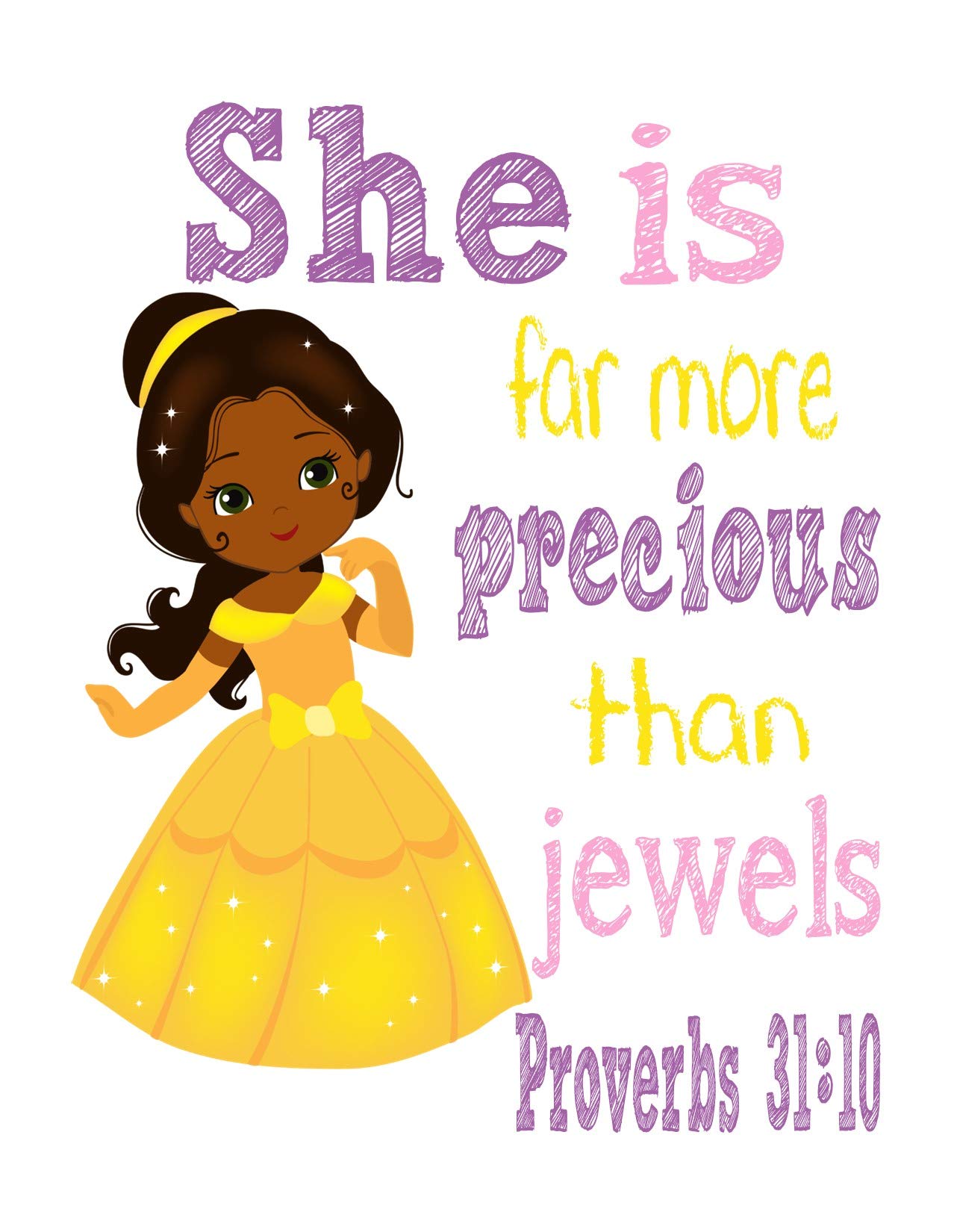 African American Belle Princess Christian Nursery Wall Art - Proverbs 31:10 Bible Verse Decor - 'She is More Precious Than Jewels' - Perfect for Baby Girl Room, Sunday School & Christian Home Decor
