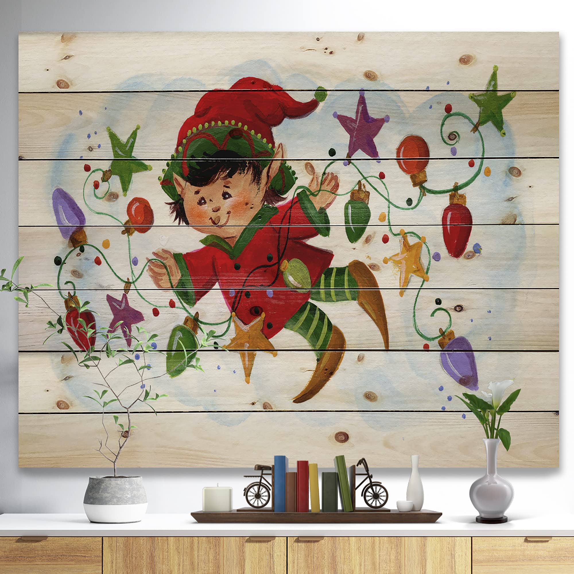 DesignQ Cute Elf Christmas Wood Wall Decor - Traditional Red Wooden Art Panel with Holiday Lights - Large Pine Wood Wall Hanging for Living Room, Bedroom & Holiday Home Decoration