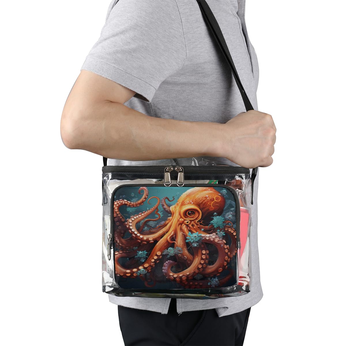 GzLeyigou Orange Octopus Transparent Tote Bag with Handles - Clear Crossbody Shoulder Bag for Lunch, Outdoor Activities, Travel, Picnics, Concerts & Sports Events | Stadium Approved Multipurpose Purse - Perfect for Beach Days, Music Festivals and Theme Park Adventures