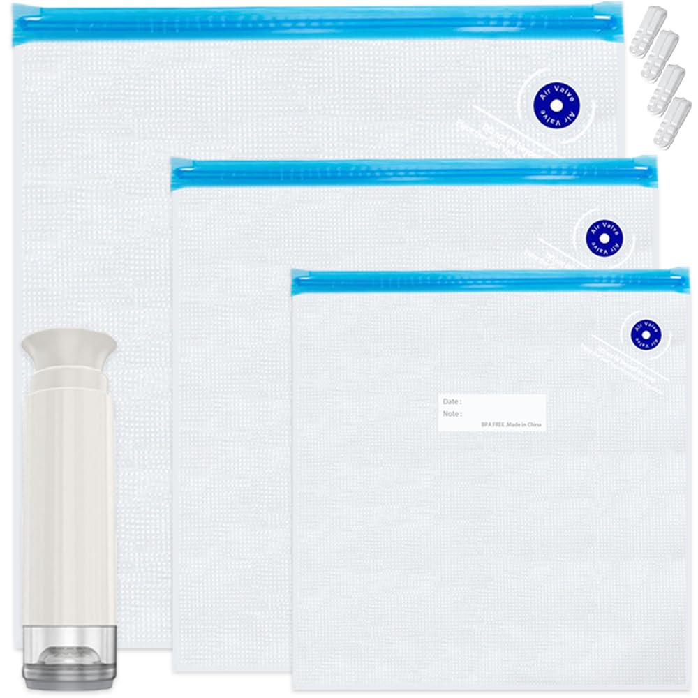 Premium Sous Vide Bags Kit - 20pcs Reusable Vacuum Sealer Bags (15 Mixed Sizes) | BPA Free Zipper Storage Bags with 4 Sealing Clips & Hand Pump | Perfect for Meal Prep, Sous Vide Cooking & Long-Term Food Preservation