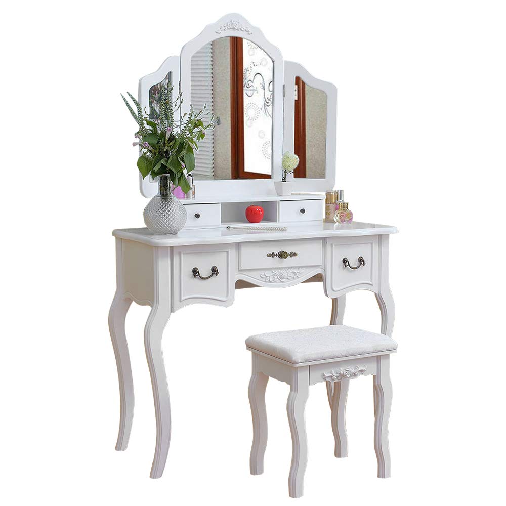 GUBA Tri-Fold Vanity Mirror Dressing Table Set with 5 Drawers, 1 Divider & Cushioned Stool - White | Bedroom Makeup Vanity & Jewelry Organizer for Women & Teens