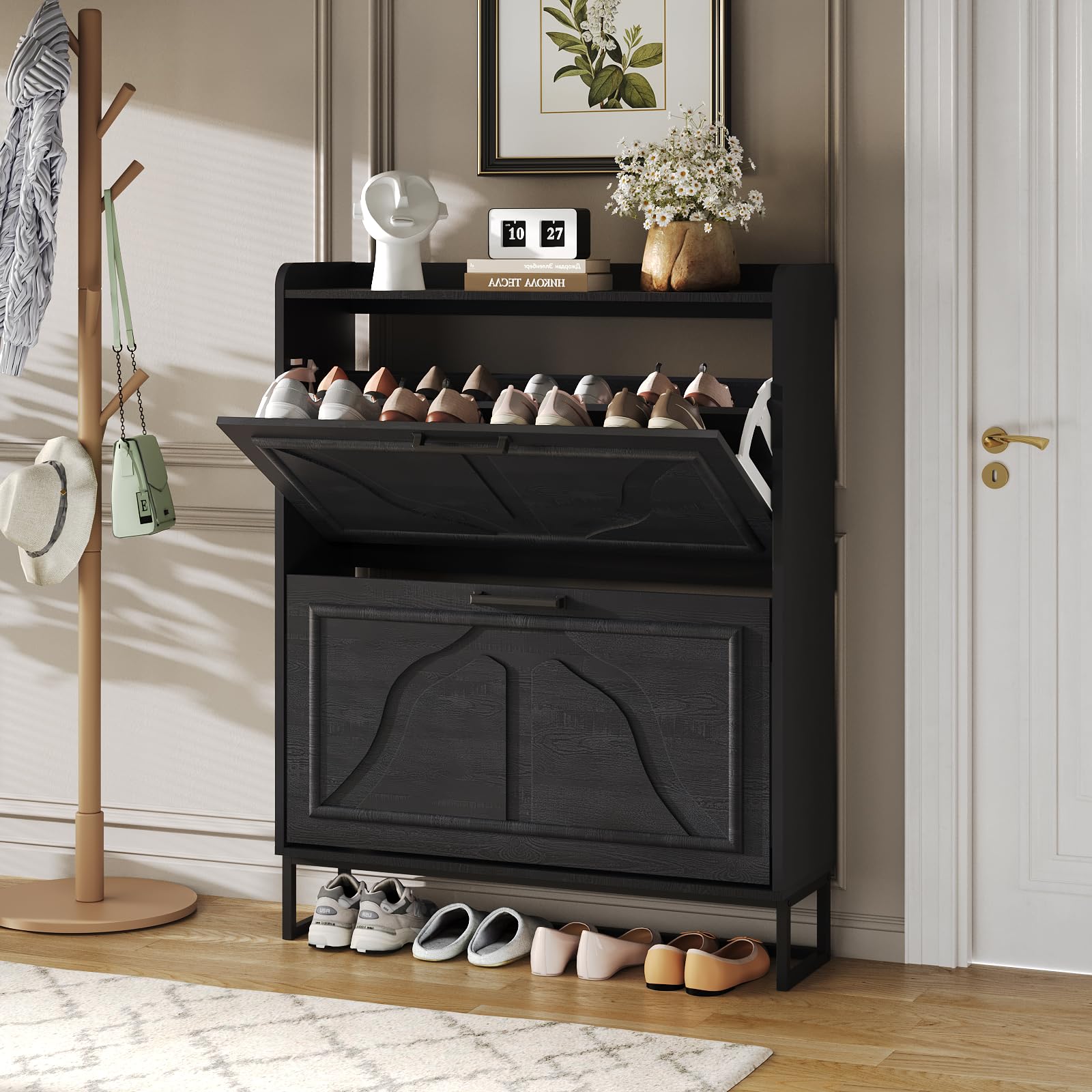 Maupvit 2-Tier Flip-Door Shoe Cabinet - Freestanding Entryway Shoe Storage Organizer with Metal Legs, Slim Space-Saving Design for Hallway, Closet & Apartment - Perfect for Small Spaces & Shoe Organization (Black)