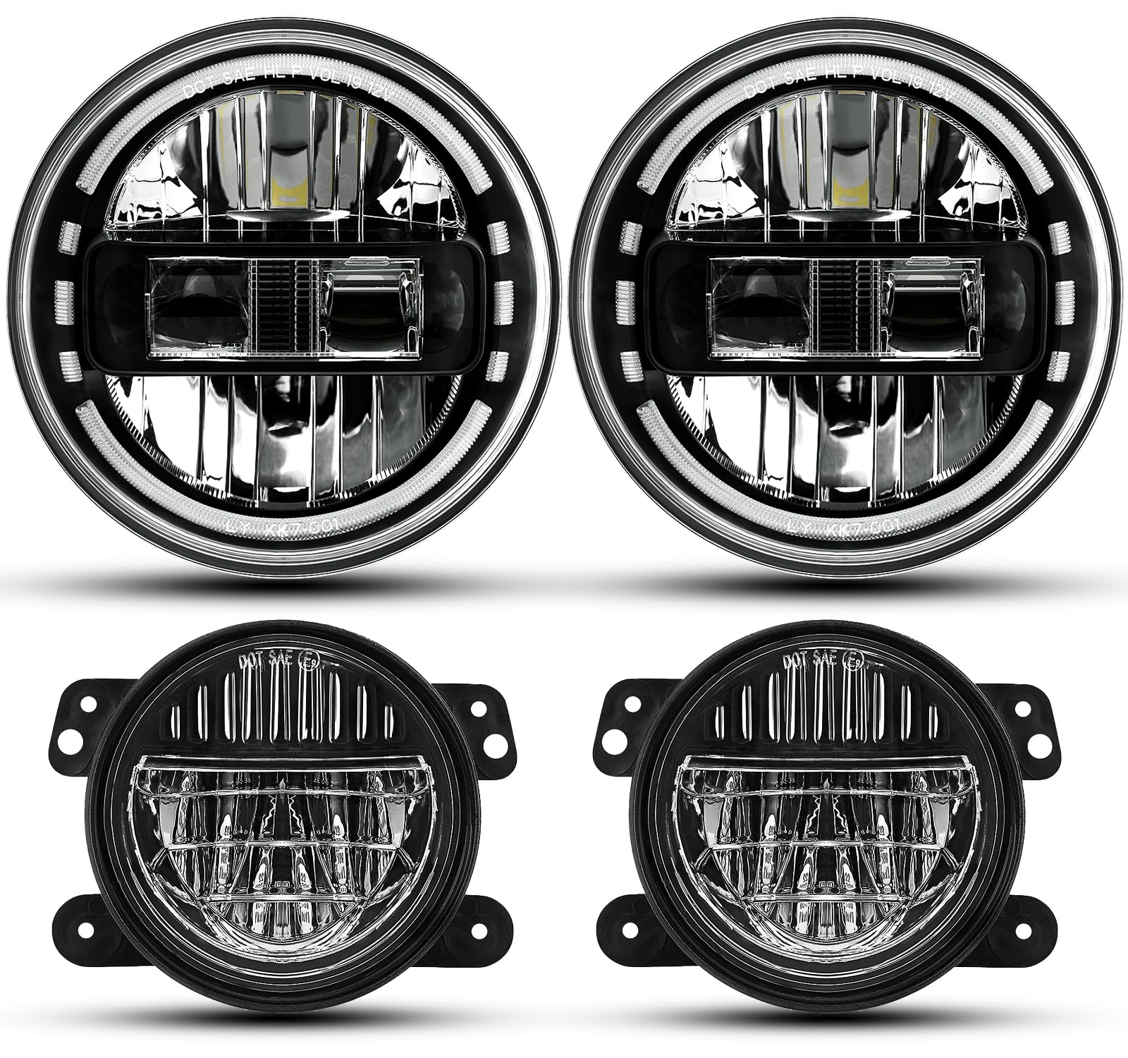 AUDEXEN 7 Inch Black LED Headlights with DRL High Low Beam + 4 Inch Black Smiley LED Fog Lights for Jeep Wrangler JK JKU TJ LJ (1997-2018) - Off-Road Adventure & Night Driving Upgrade