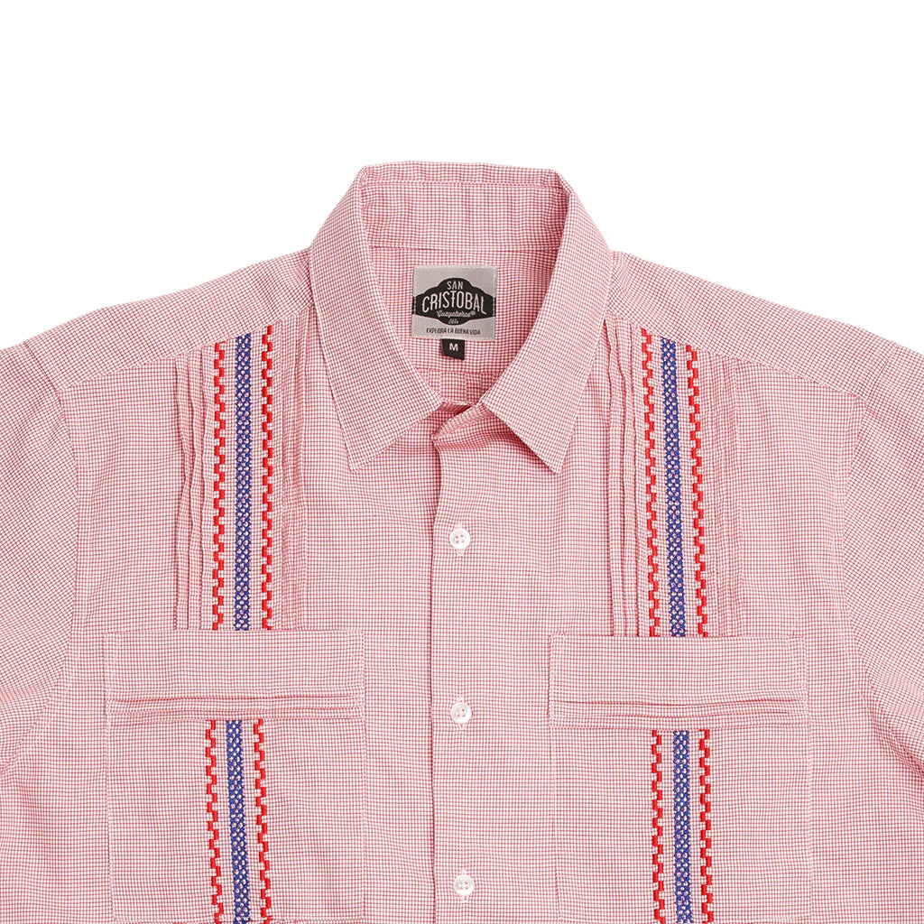 San Cristobal Red Checkered Short Sleeve Guayabera Shirt for Men - Casual Summer Wear, Beach Outings & Tropical Vacations