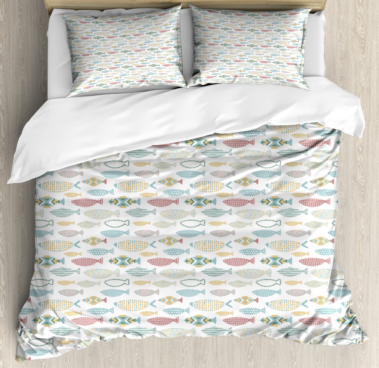 Ambesonne Fish Duvet Cover Set - Queen Size 2-Pack with 2 Duvet Covers & 4 Pillowcases, Geometric Ocean Theme Featuring Sea Creatures, Stripes, Triangles and Dots Pattern, Nautical Doodle Design, Multicolor - Perfect for Beach House Bedrooms, Coastal Decor & Marine Lovers' Home