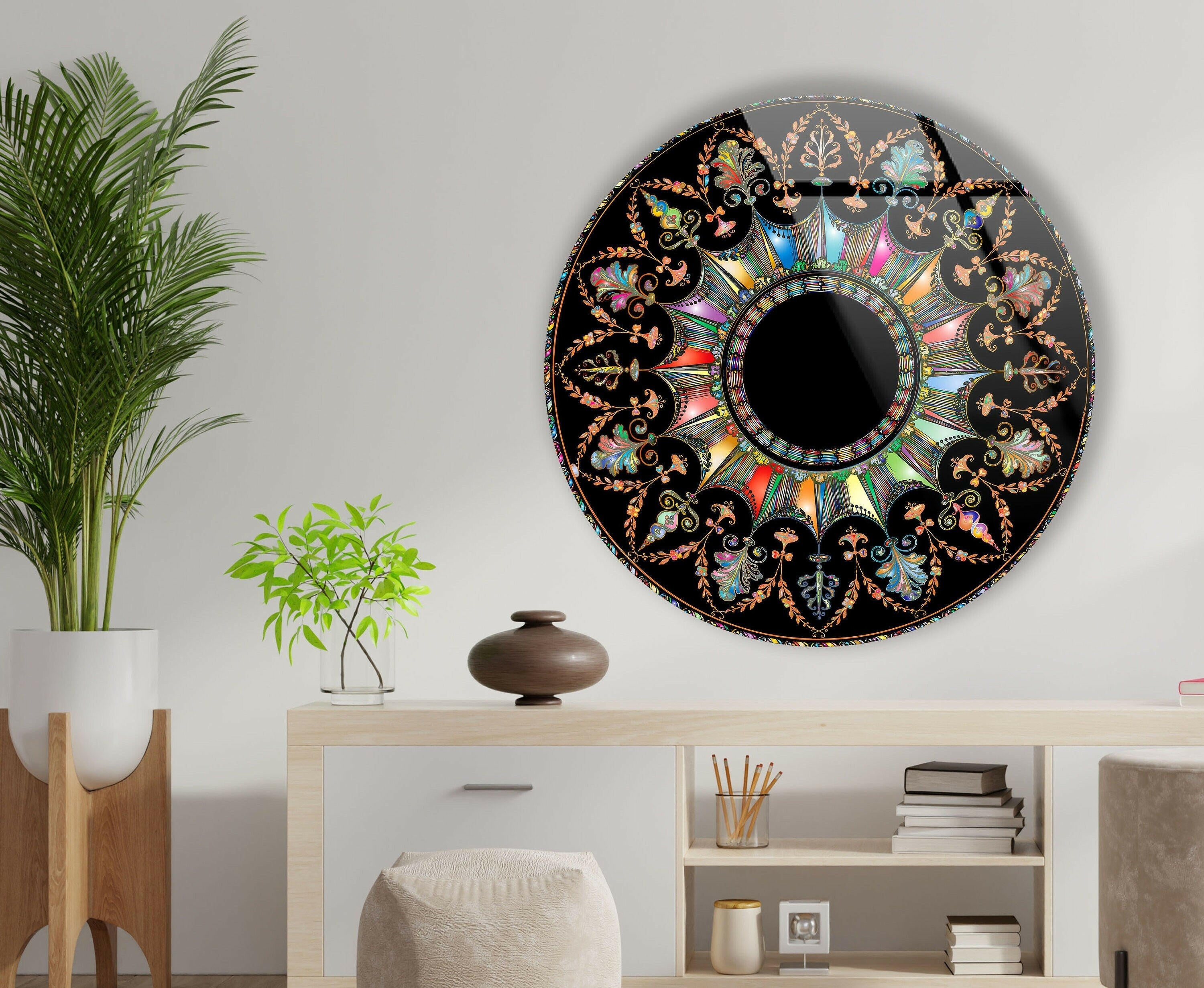 Black Mandala Round Glass Wall Art - Handmade Bohemian Decor for Living Room, Bedroom & Meditation Space