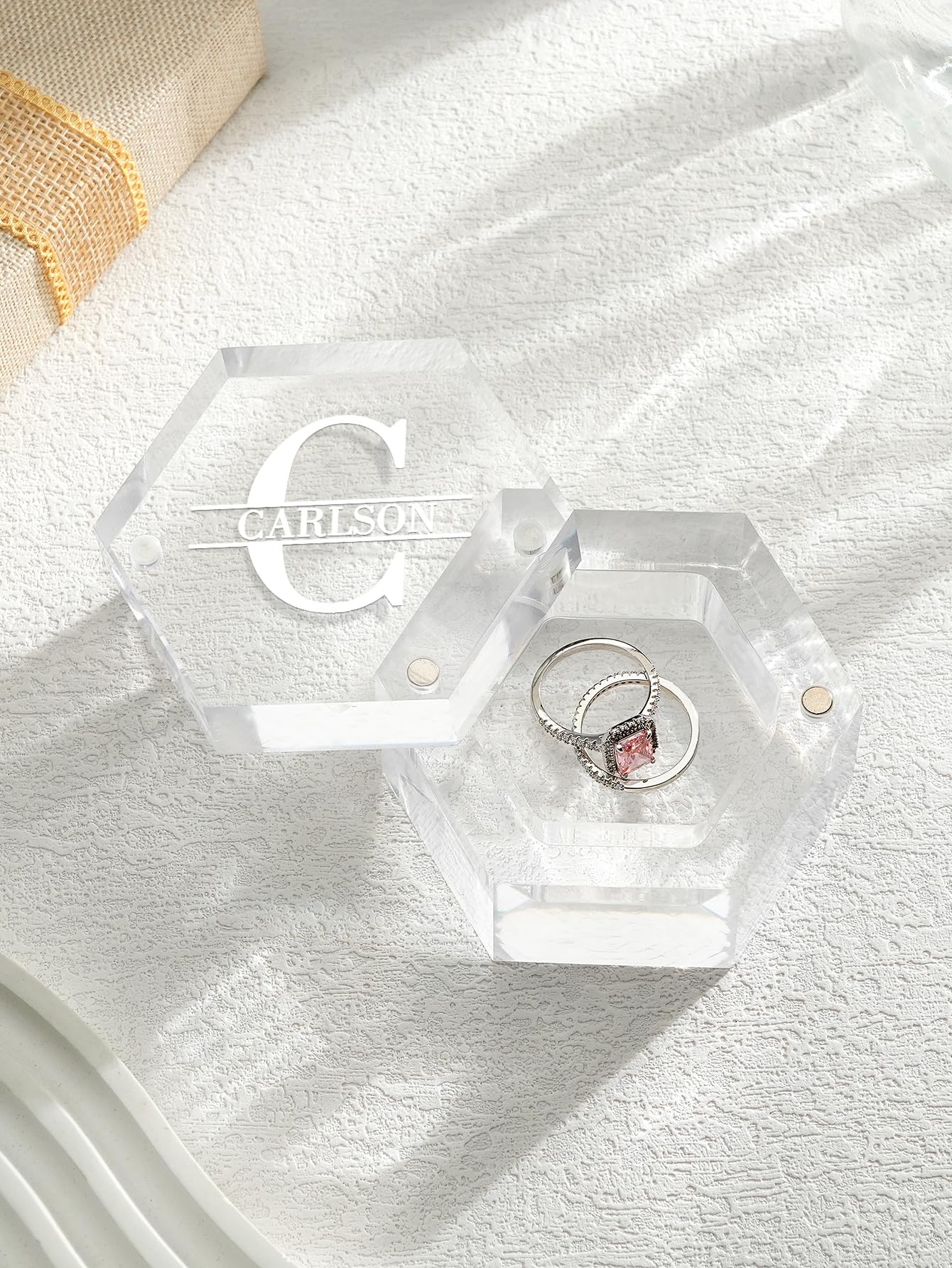 Personalized Clear Hexagon Ring Box with Custom Name & Date - Engraved Wedding Proposal Jewelry Box for Engagement, Anniversary & Special Occasions | Perfect for Ceremonies, Gifts & Keepsakes