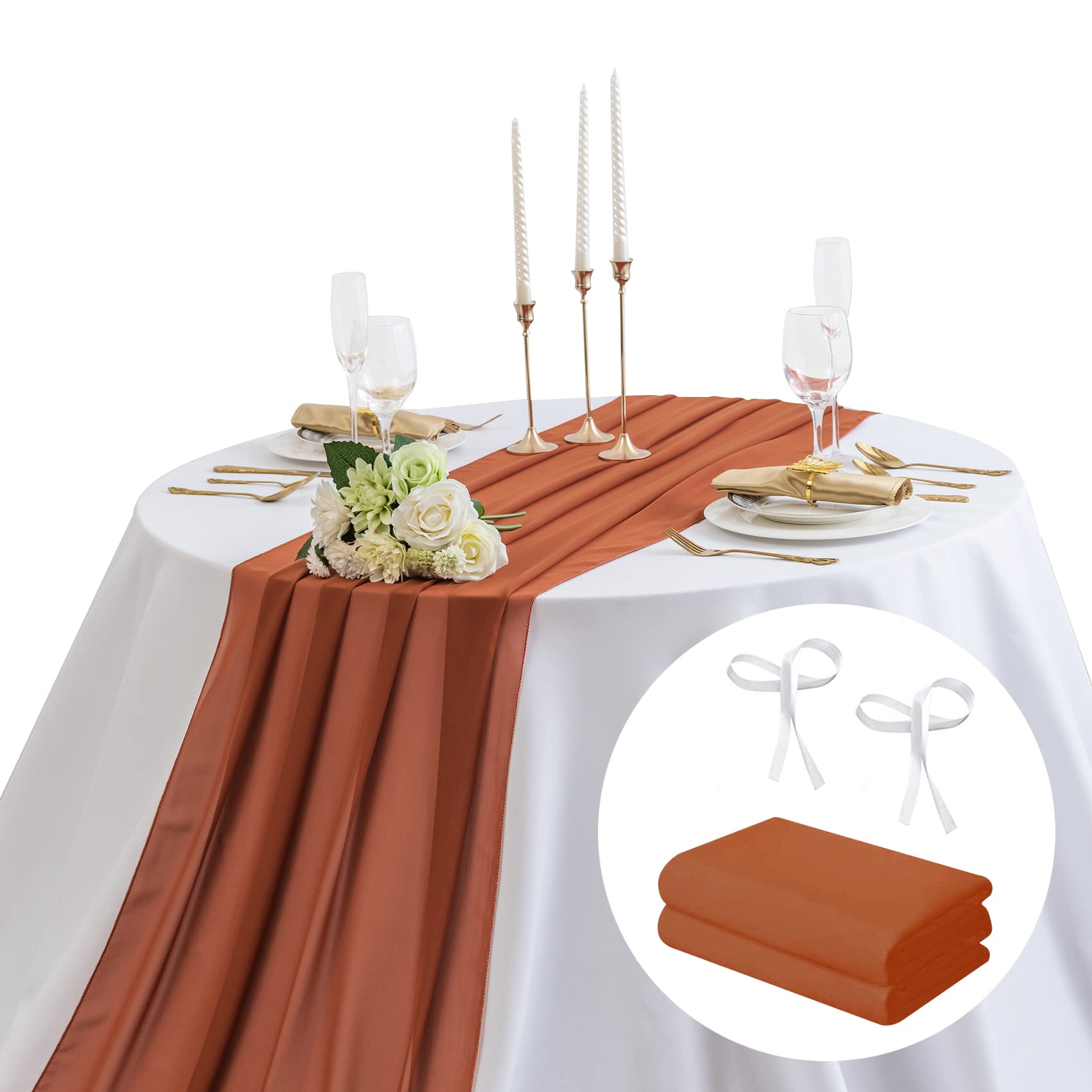 AILITI 2-Pack Rustic Chiffon Table Runner Set - 29x120 Inches Sheer Gauze Wedding Table Decor for Bridal Shower, Baby Shower, Birthday Party & Cake Table - Perfect for Romantic Home Decor & Special Events (Rust Color)