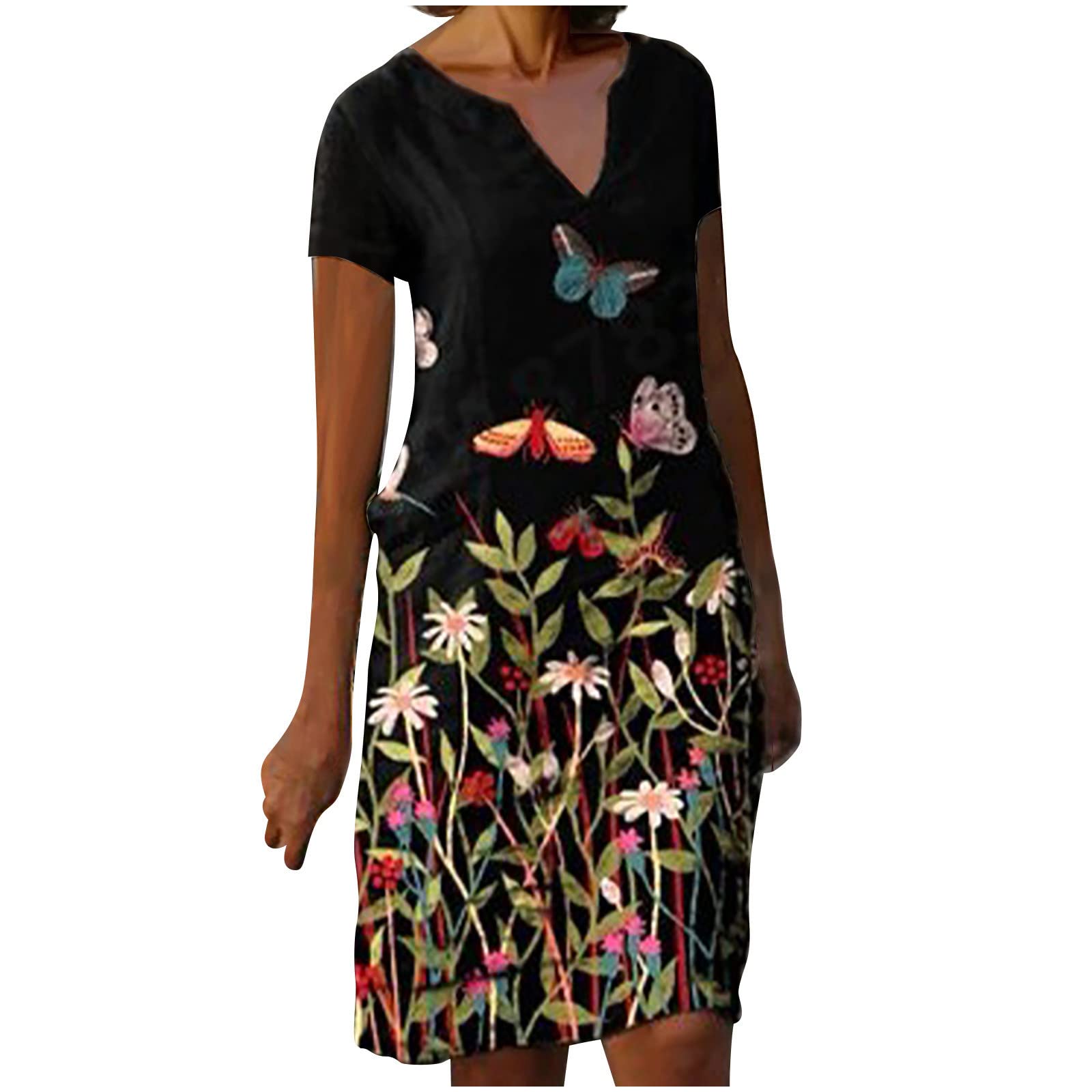 2022 Summer Women's Floral Printed V-Neck Sundress - Short Sleeve Waist Dress for Casual Outings, Beach Vacations & Summer Parties