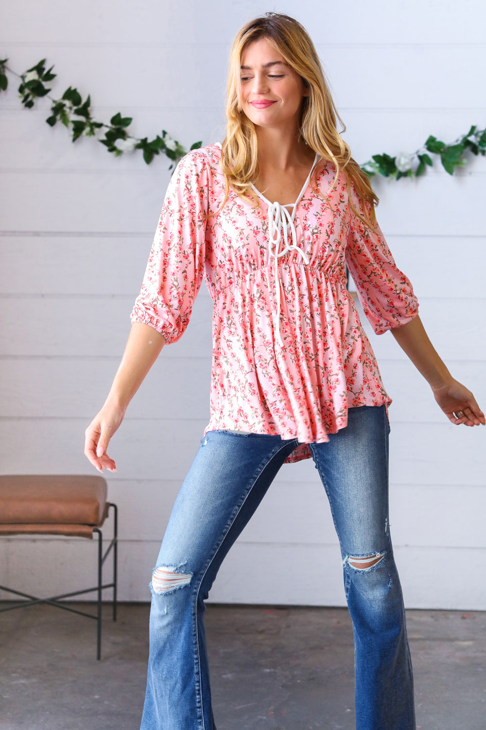 Pink Floral Stripe V-Neck Knit Top for Women - Casual Chic Blouse for Spring Outfits & Date Nights