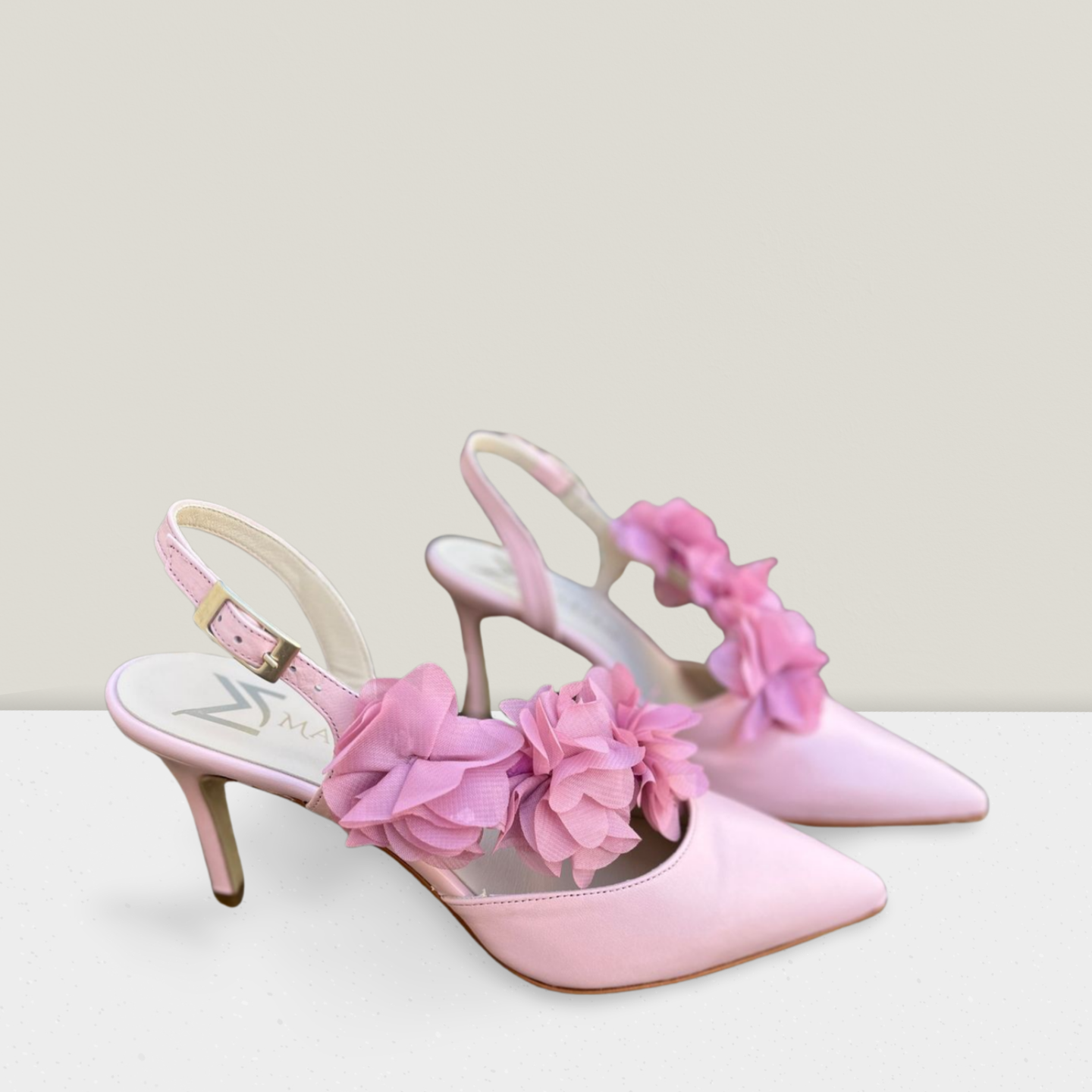 Marian Women's Pale Pink Slingback Heels with Floral Detail - Comfortable Dress Shoes for Weddings, Parties & Special Occasions