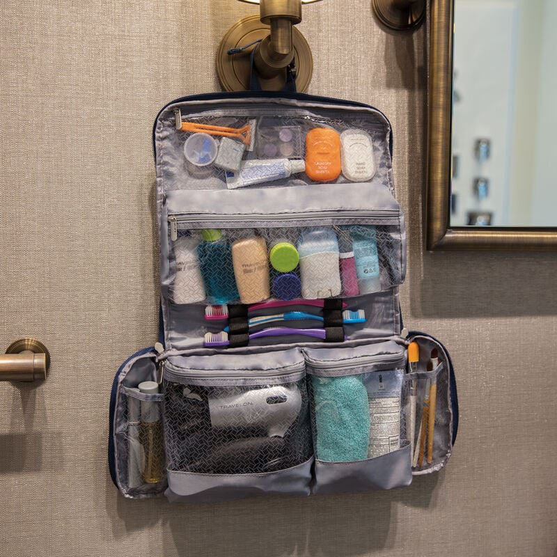 Travelon Flat Out Hanging Toiletry Kit - Waterproof Travel Cosmetic Bag with Hooks for Bathroom Organization (Midnight Black) - Perfect for Camping, Gym & Airplane Carry On
