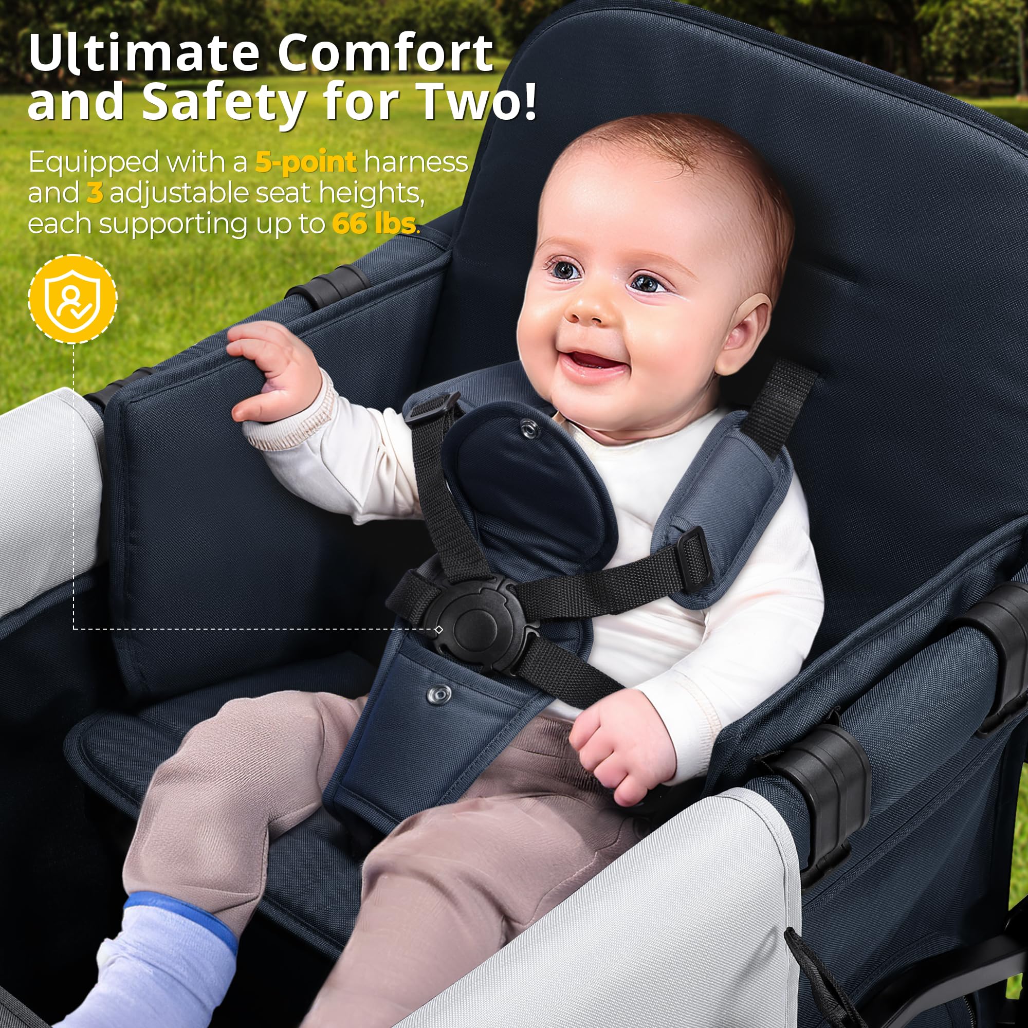 **Double Stroller Wagon for 2 Kids - Adjustable Canopy, Handle & Pull Bar - Compact Baby Wagon for Toddlers & Infants - Perfect for Park, Beach & Outdoor Adventures (Blue)**