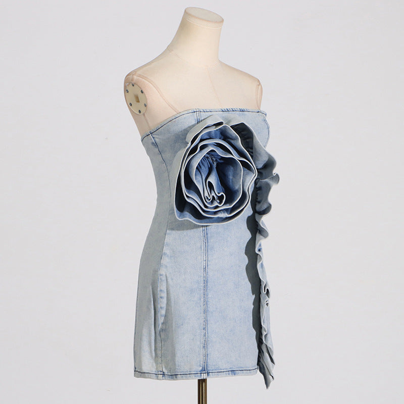 ALISON BLUE RUFFLED TRIM STRAPLESS DENIM MINI DRESS - Women's Fashion Summer Outfit for Beach, Party & Date Night