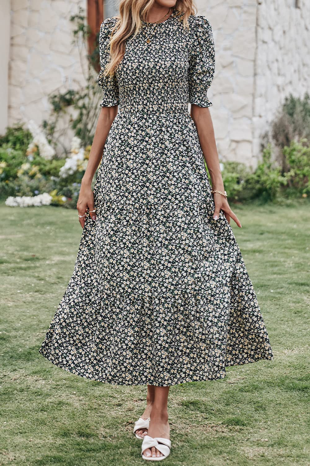 BTFBM Women's Floral Print Boho Maxi Dress - Crew Neck, Ruffle Short Sleeve, Smocked Waist for Summer & Spring 2025 | Perfect for Beach Vacations, Date Nights & Casual Outings