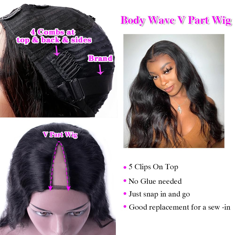 Xagujpo V Part Wig Human Hair Body Wave for Black Women - 100% Remy Human Hair No Sew In No Glue U Part Wig 180% Density Natural Color (26 Inch) - Perfect for Daily Wear, Parties & Special Occasions