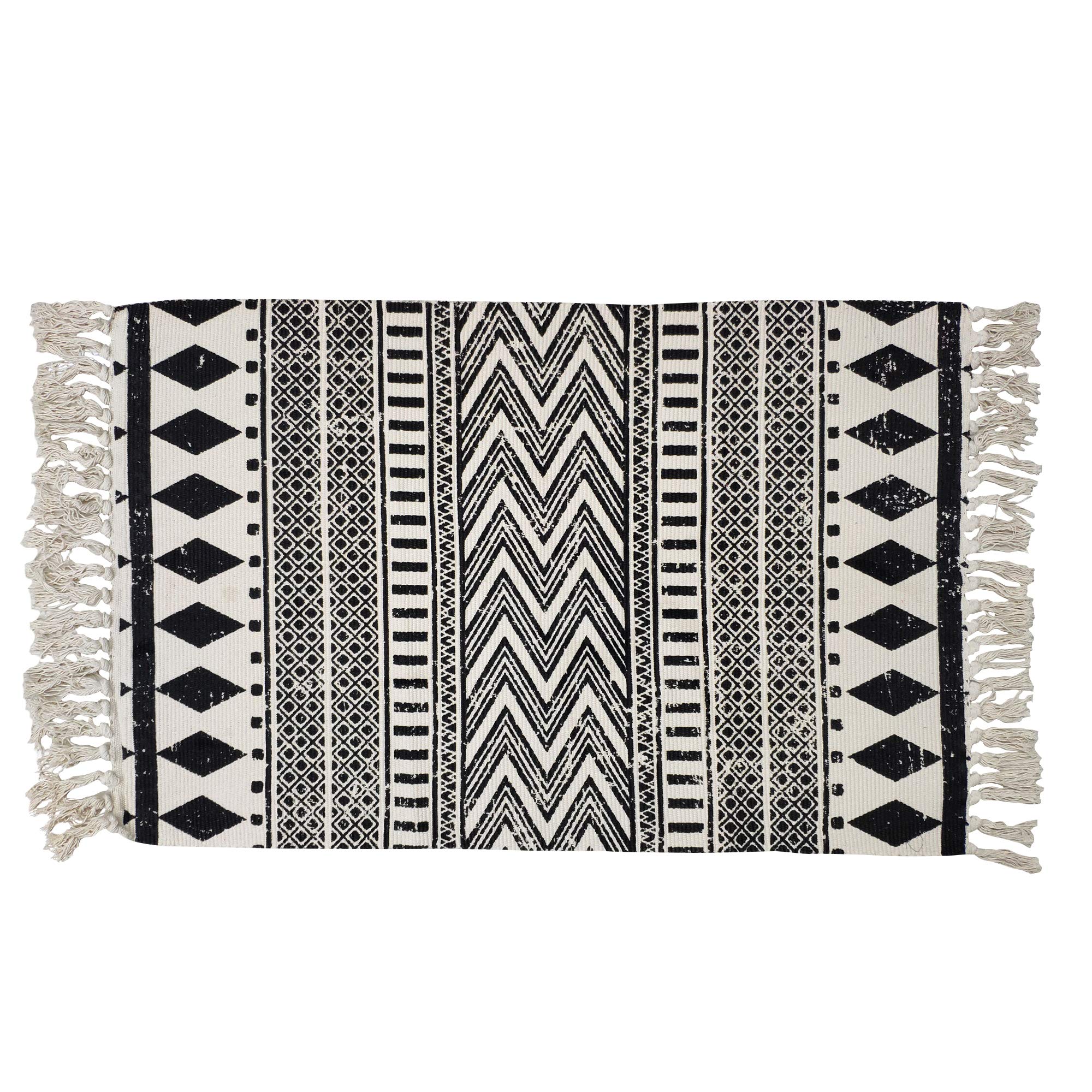 USTIDE Boho Cream & Black Cotton Rug - Washable Hand-Woven Fringe Farmhouse Style Bath Mat & Doormat - 2'x3' - Perfect for Bathrooms, Entryways & Bohemian Home Decor