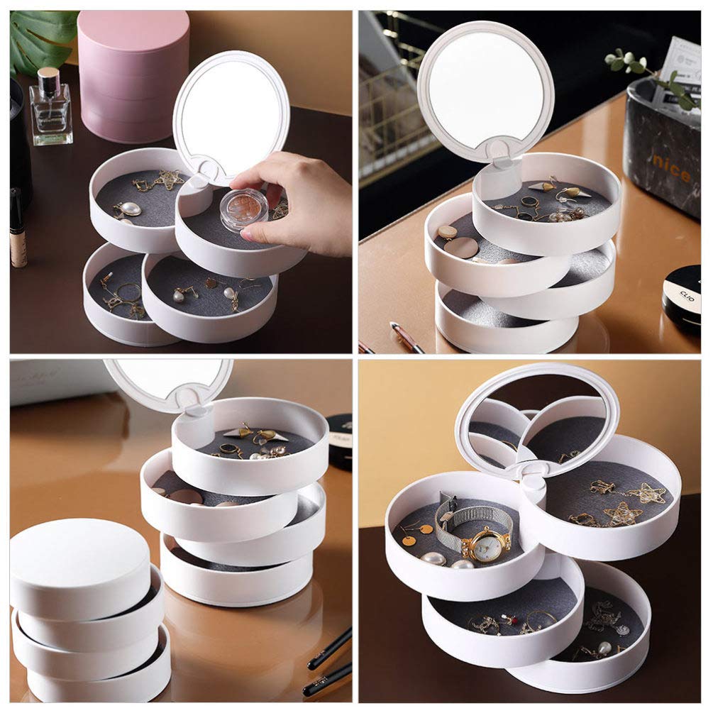 1pc Rotating Jewelry Organizer - Leather Drawer Rack for Rings, Earrings & Necklaces | Makeup Storage Case | White Plastic Cosmetic Display for Vanity, Dresser & Travel