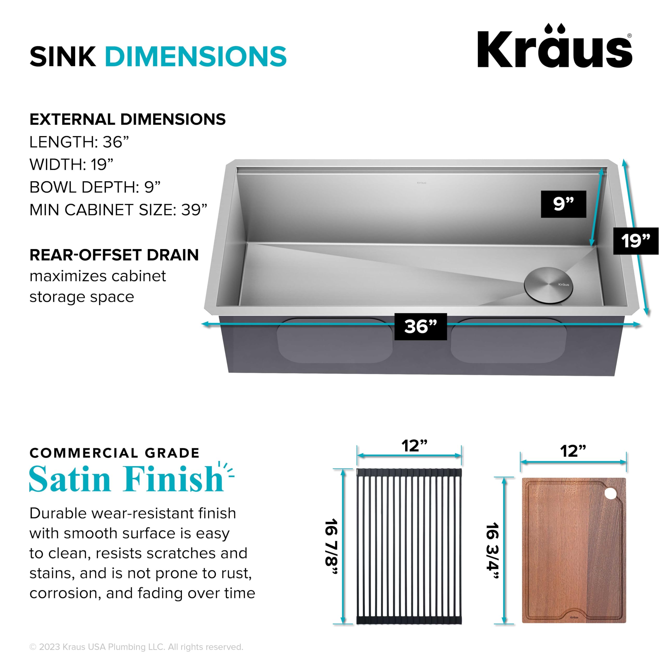 KRAUS Kore 36-Inch Undermount Workstation Single Bowl Kitchen Sink - 16 Gauge Stainless Steel with Accessories (KWU110-36) - Perfect for Modern Kitchens & Food Prep Stations