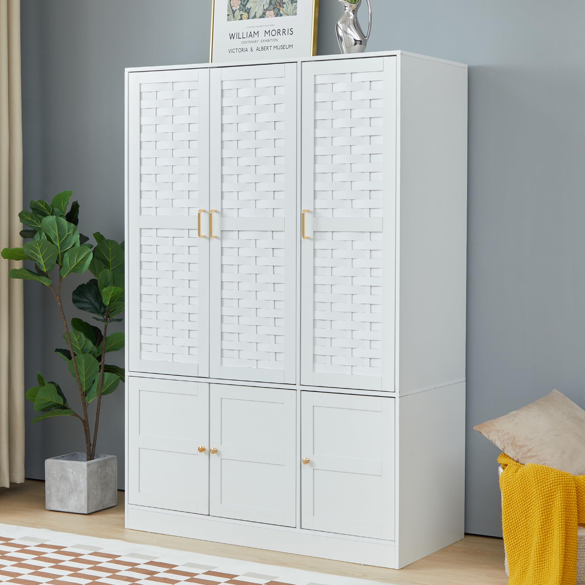 LEVNARY 6-Door Woven Wardrobe Closet - White Freestanding Armoire Cabinet with Adjustable Shelves & Hanging Rail | High Capacity Storage Organizer for Bedroom, Closet & Dorm Room Organization