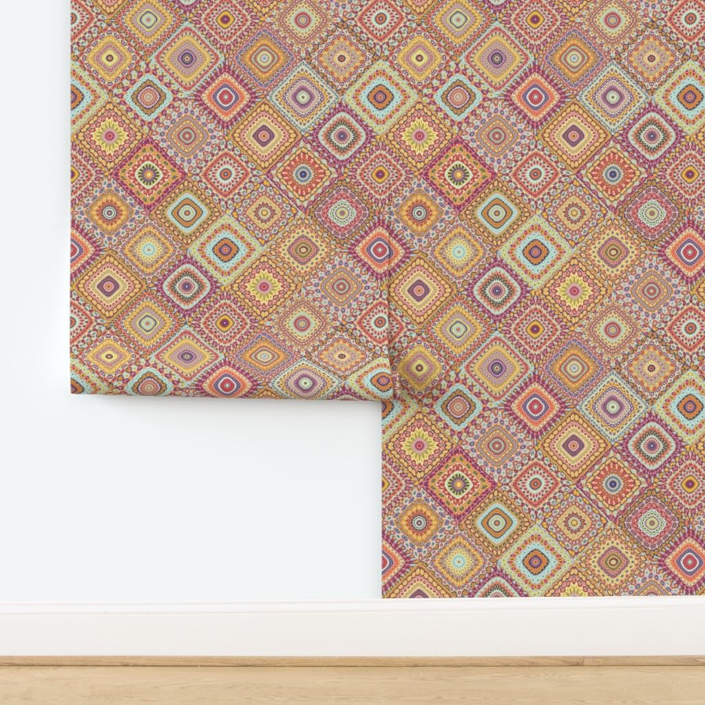 Peel & Stick Removable Wallpaper 9ft x 2ft - Spring Floral Kaleidoscope Boho Design for Bedroom, Living Room & Nursery | Easy DIY Home Decor by Spoonflower