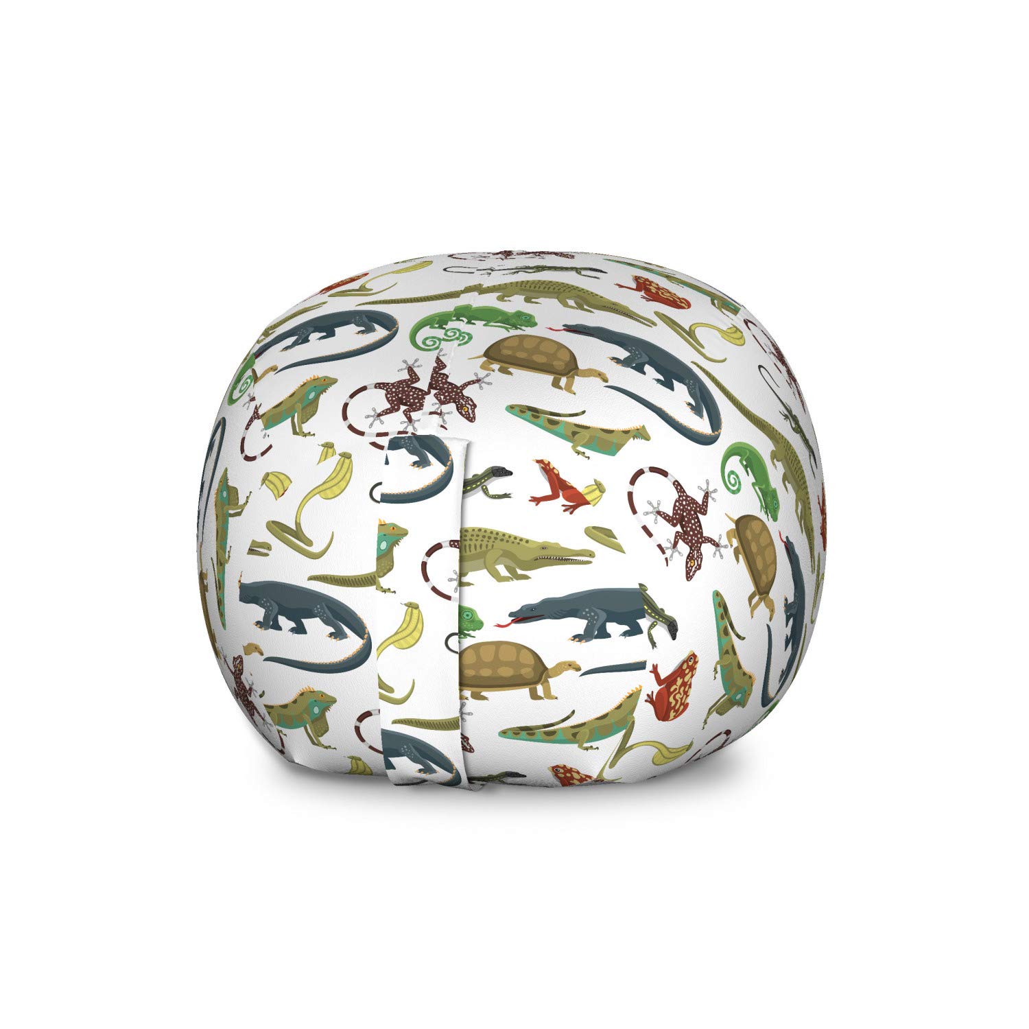 Lunarable Animal Print Storage Toy Bag Chair - Cartoon Reptiles & Amphibians Pattern (Snake, Frog, Lizard, Gator, Tortoise) | Washable Stuffed Animal Organizer | Large Size White & Yellow | Kids Room Decor & Playroom Storage Solution