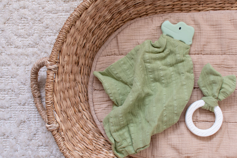 Tikiri Natural Rubber Crocodile Teether for Babies with Organic Sage Green Muslin Comforter - Soothing Teething Toy for Infants & Toddlers, Perfect for On-the-Go Comfort and Playtime