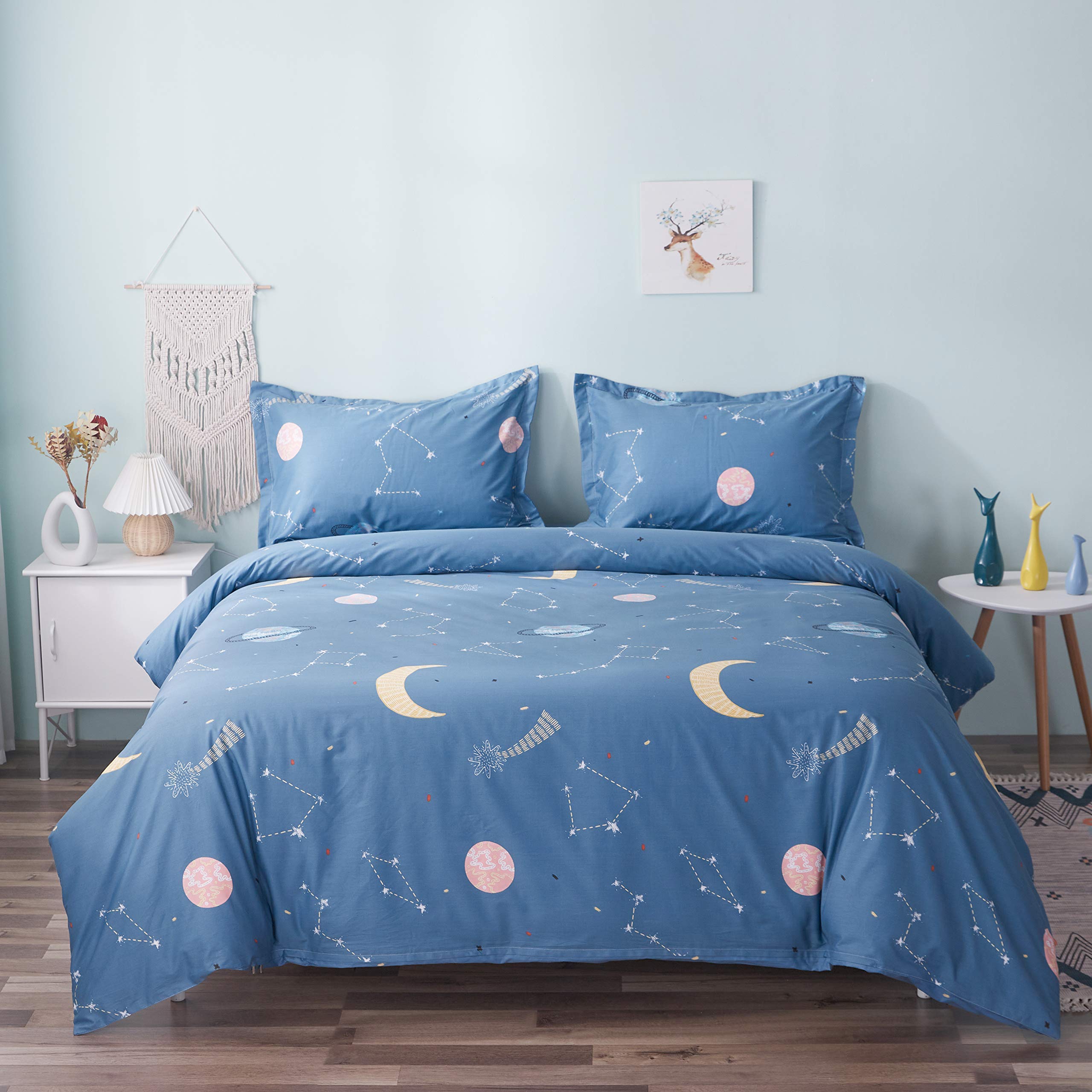 FADFAY Outer Space Kids Rug - Boys Planets Theme Bedroom Decor | Star Print Duvet Cover Set with 2 Pillowcases | 100% Cotton Queen Size Navy Blue Bedding | Perfect for Kids Room, Nursery & Playroom Decor