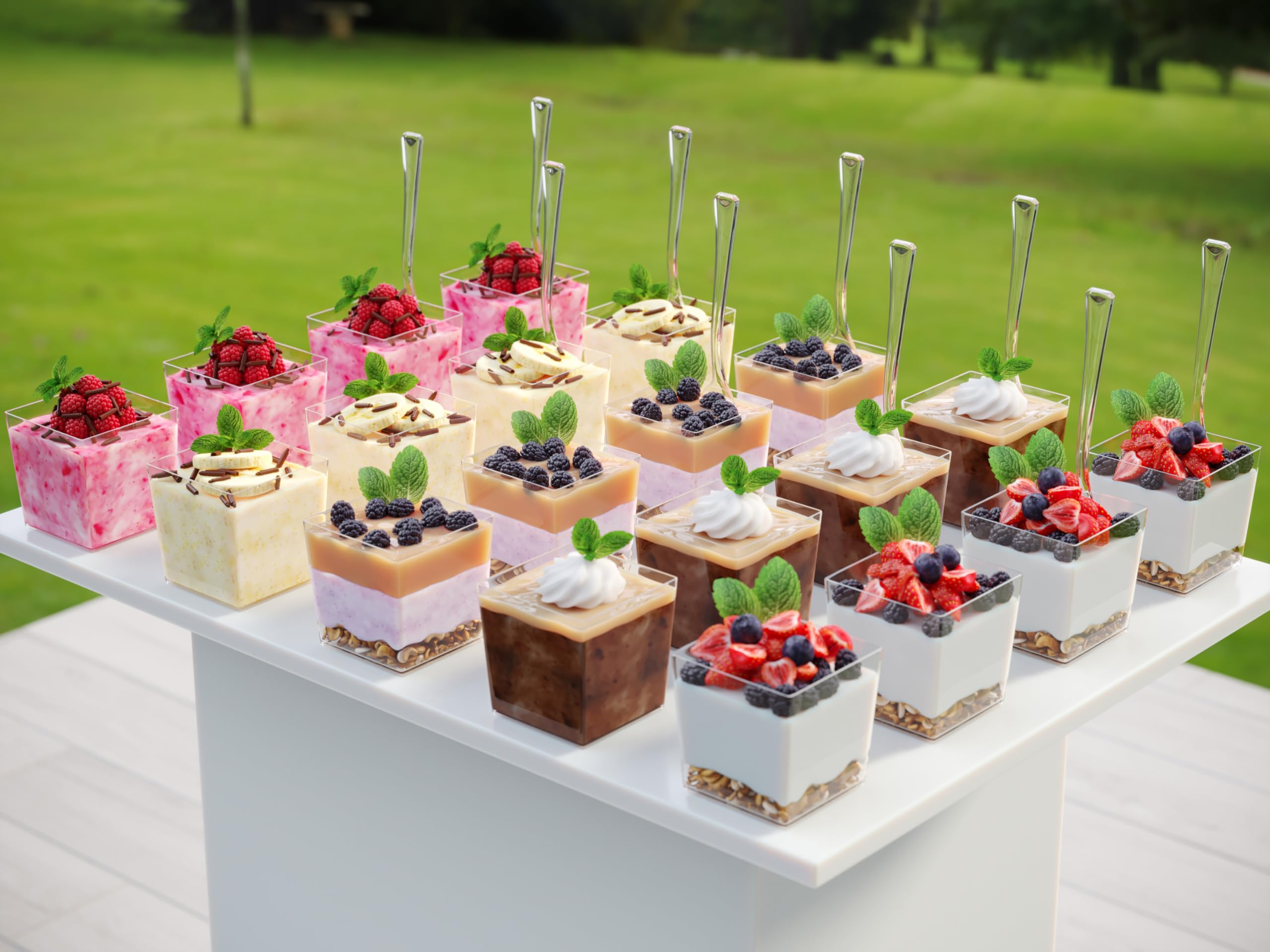 400 Pcs 3.6 Oz Disposable Square Plastic Dessert Cups with 200 Tasting Spoons - Mini Parfait & Appetizer Cups for Parties, Weddings, Catering & Dessert Sampling | BPA-Free Eco-Friendly Servingware