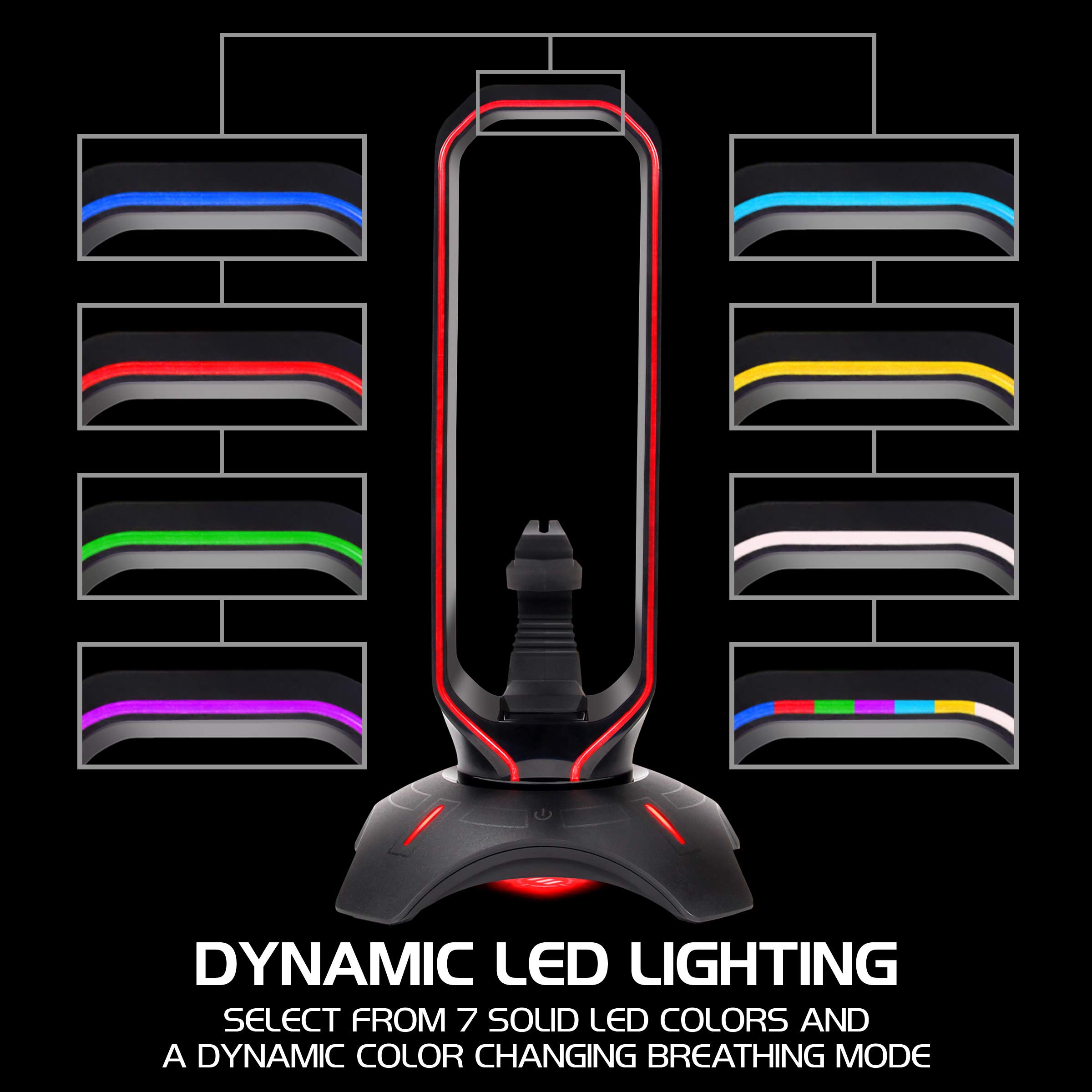 Premium RGB Gaming Headset Stand with Mouse Bungee & USB Hub - 7 Color LED Modes for PC, PS5, Xbox One - Perfect for Gaming Setup, Streaming & Office Workstation Organization
