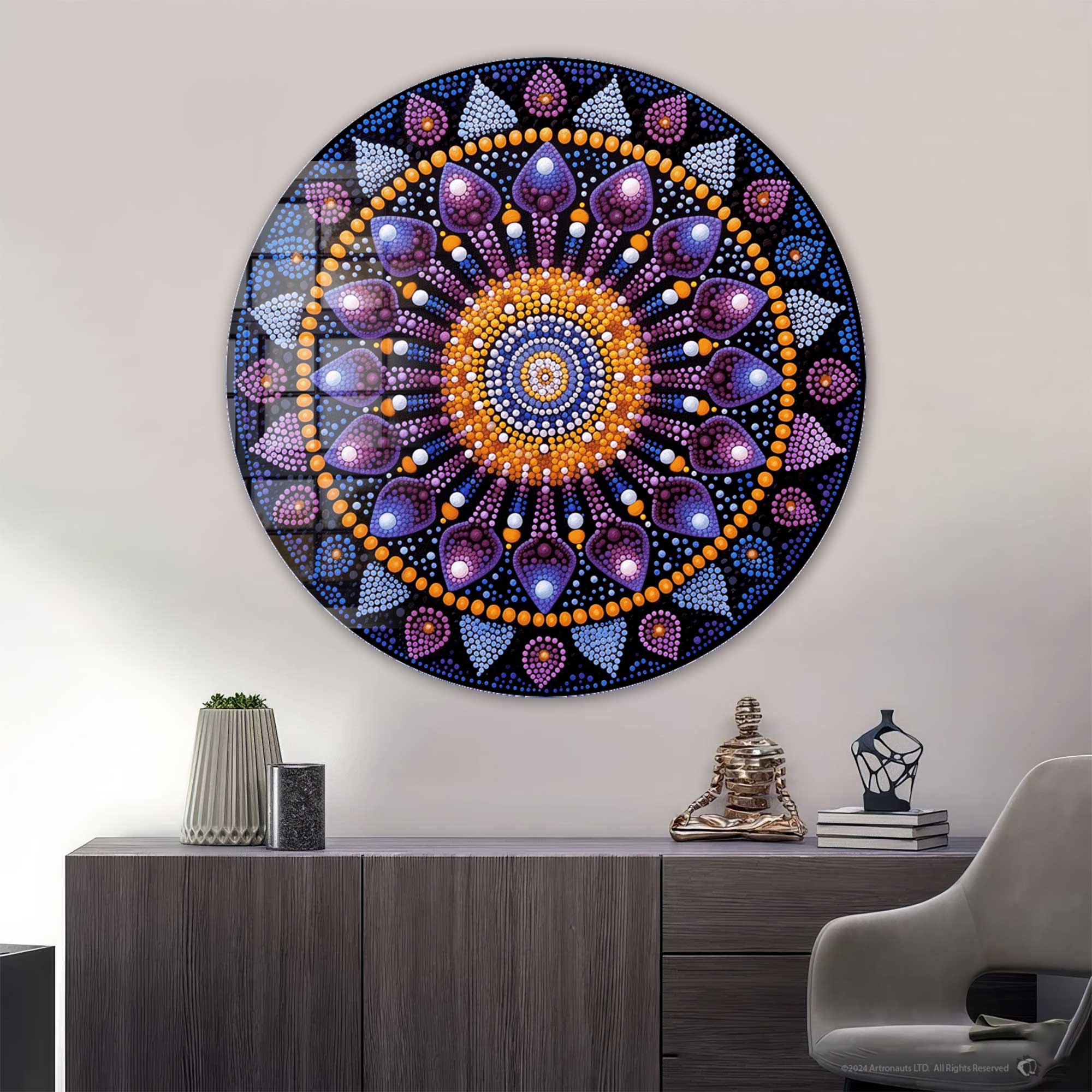 Handmade Mystic Mandala Rounded Glass Wall Art - Spiritual Decor for Living Room, Bedroom & Meditation Space