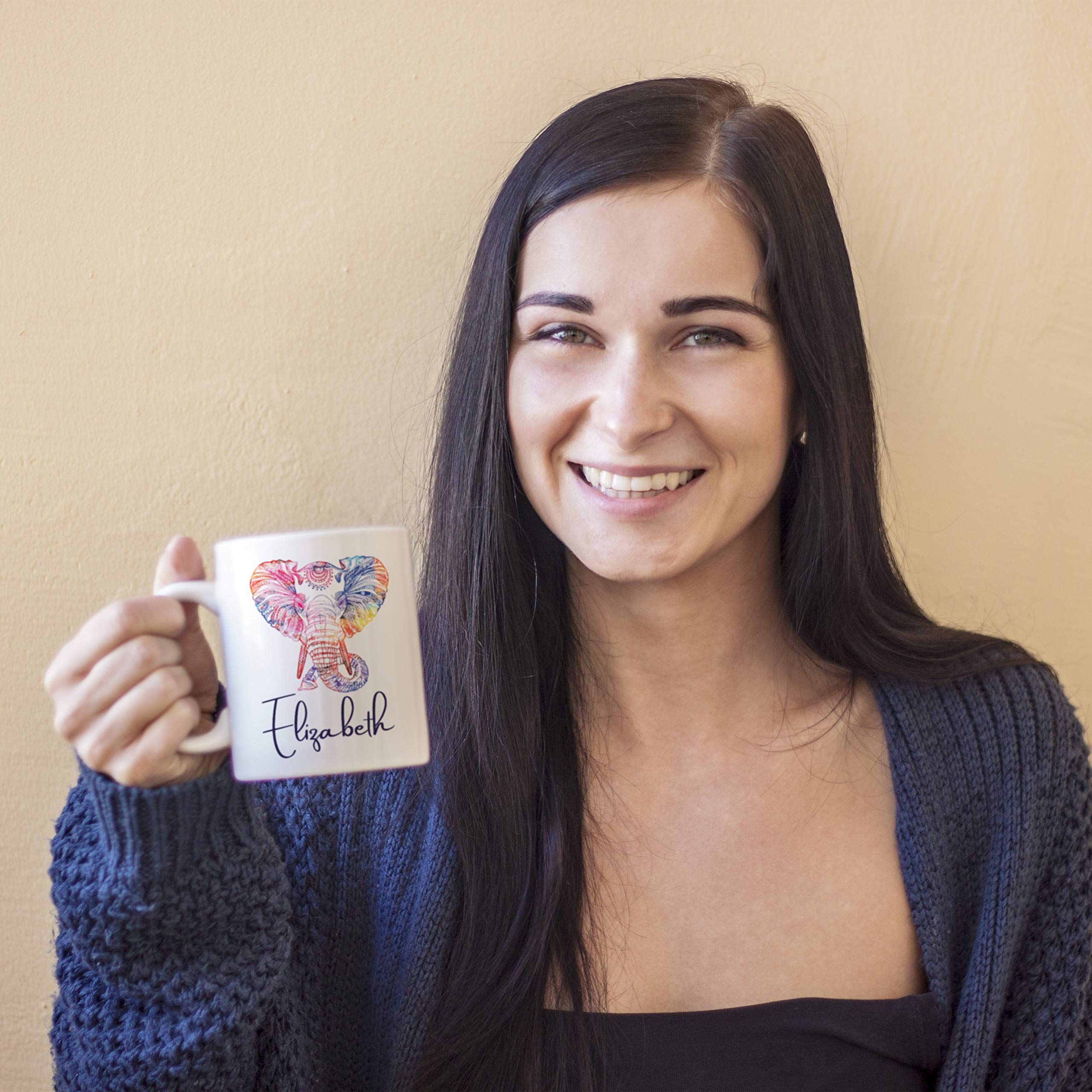 Personalized Elephant Coffee Mug with Name - 11 oz Custom Monogram Ceramic Cup - Unique Birthday & Christmas Gifts for Women & Kids - Perfect for Home, Office & Holiday Gifting