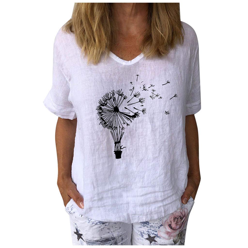Women's Dandelion Print V-Neck Tee Shirt - Plus Size Workout Tank Top for Casual Summer Wear - Gym, Beach & Everyday Outfits