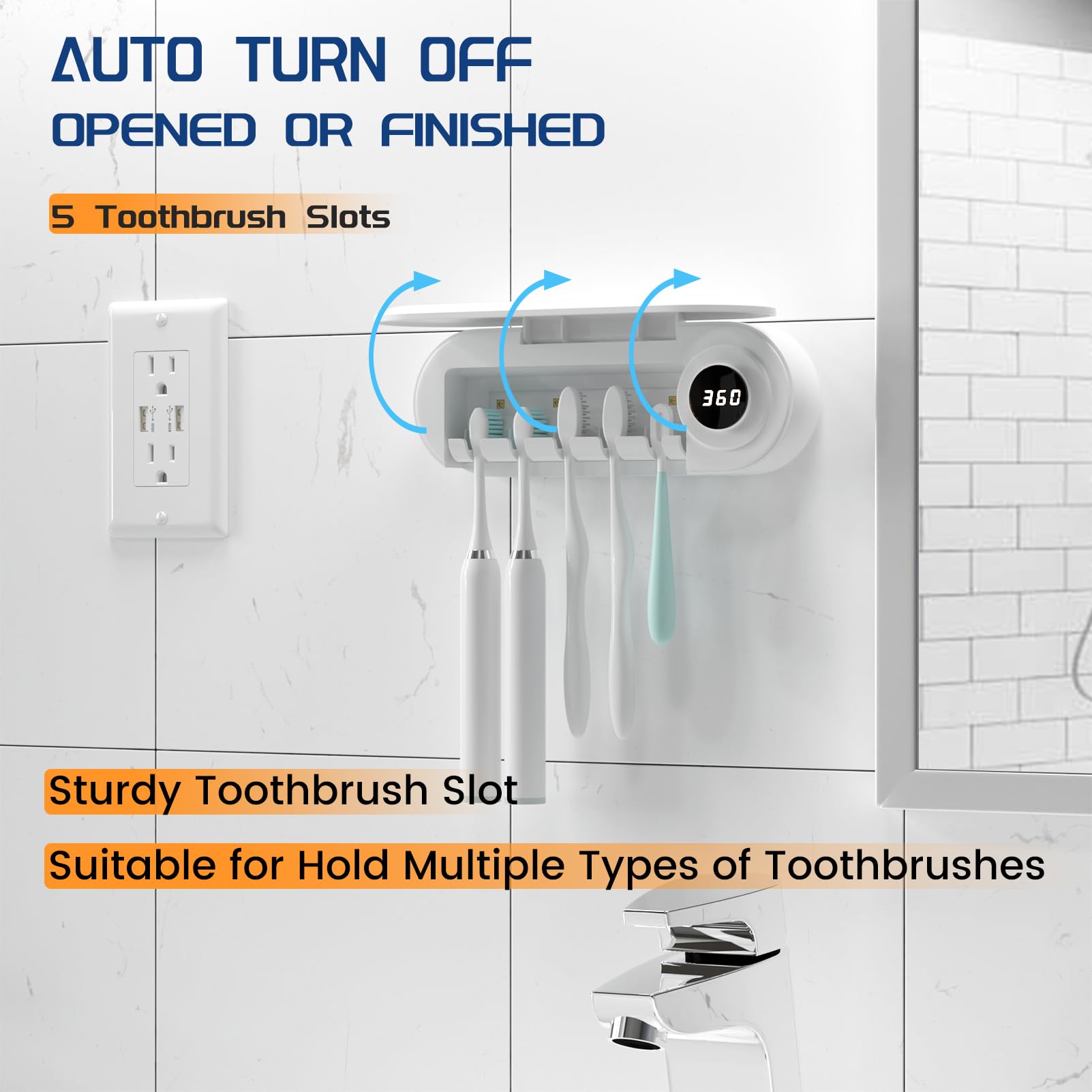 MIMORE Cordless Wall Mounted Toothbrush Holder with 5 Slots & Built-in Timer - Bathroom Organizer for Family Oral Care & Travel Essentials
