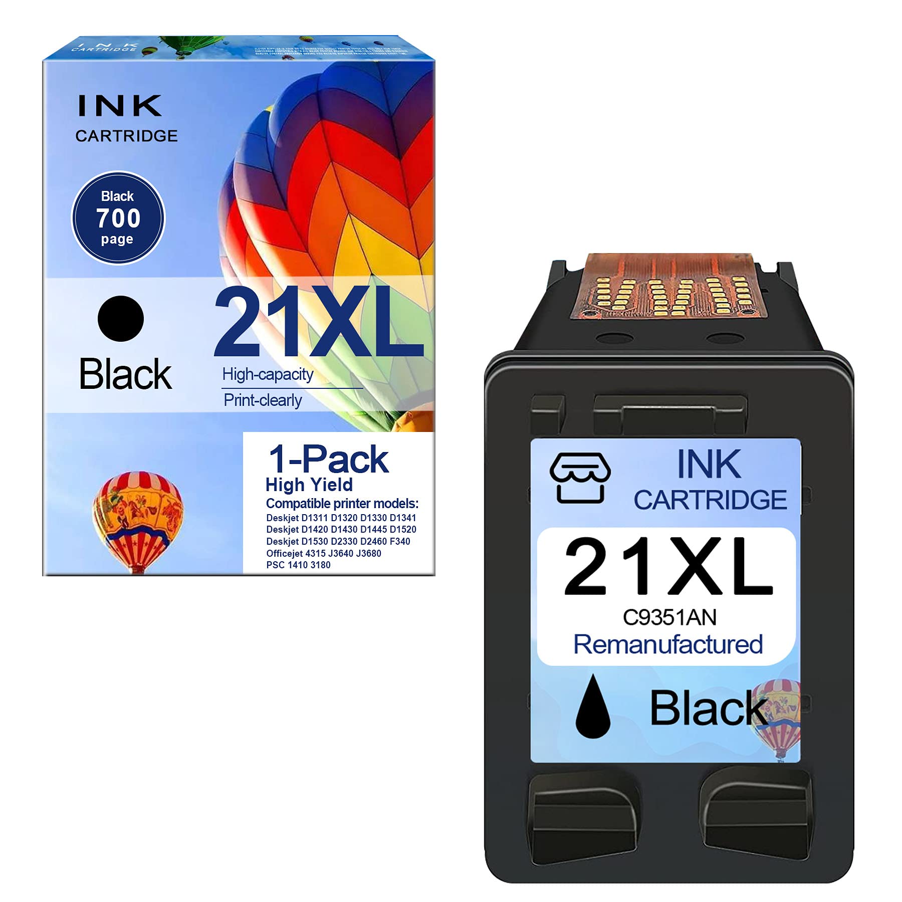 Remanufactured HP 21XL Black Ink Cartridge (C9351AN) - Compatible with HP Deskjet D1311/D1320/D1330/D1341/D1420/D1430/D1445/D1520/D1530/D2330/D2460/F340 & PSC 1410/3180 Printers - 1-Pack - Ideal for Home Office Printing & School Projects