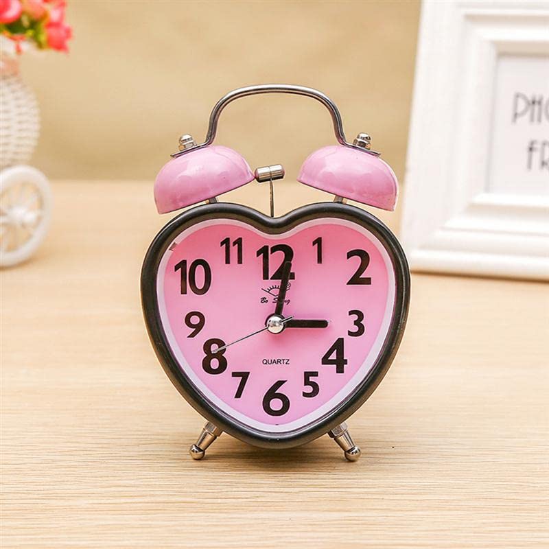 Heart-Shaped Double Bell Alarm Clock with Nightlight - Silent No Ticking, Twin Bell Design for Kids & Girls Bedrooms (Pink) - Perfect for Bedside, Nursery, Dorm Room & Gift Giving