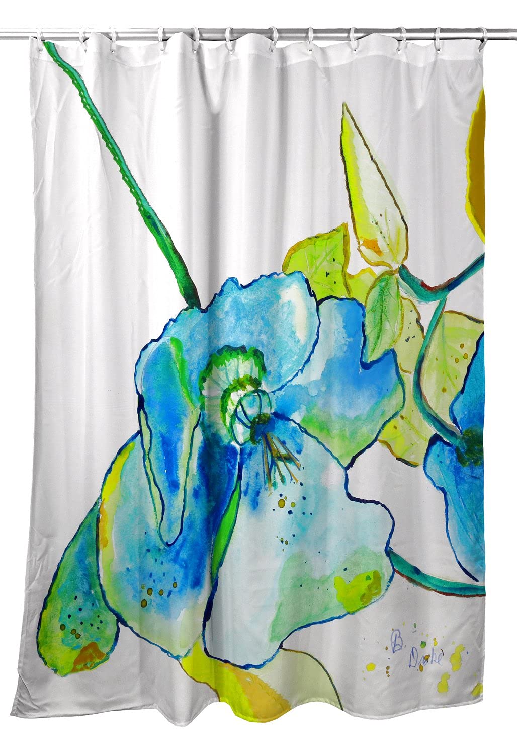Betsy Drake Blue Hibiscus Shower Curtain - Waterproof Bathroom Decor with Tropical Floral Design - Perfect for Coastal, Boho & Beach House Bathrooms