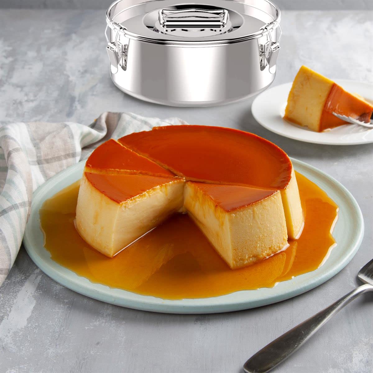 Premium 1.5 qt Flan Mold Pan with Lid (7.62 x 2.92 inches) - Professional Flan Maker for Perfect Custard & Crème Caramel - Ideal for Bain-Marie, Steaming Bao Buns & Home Baking