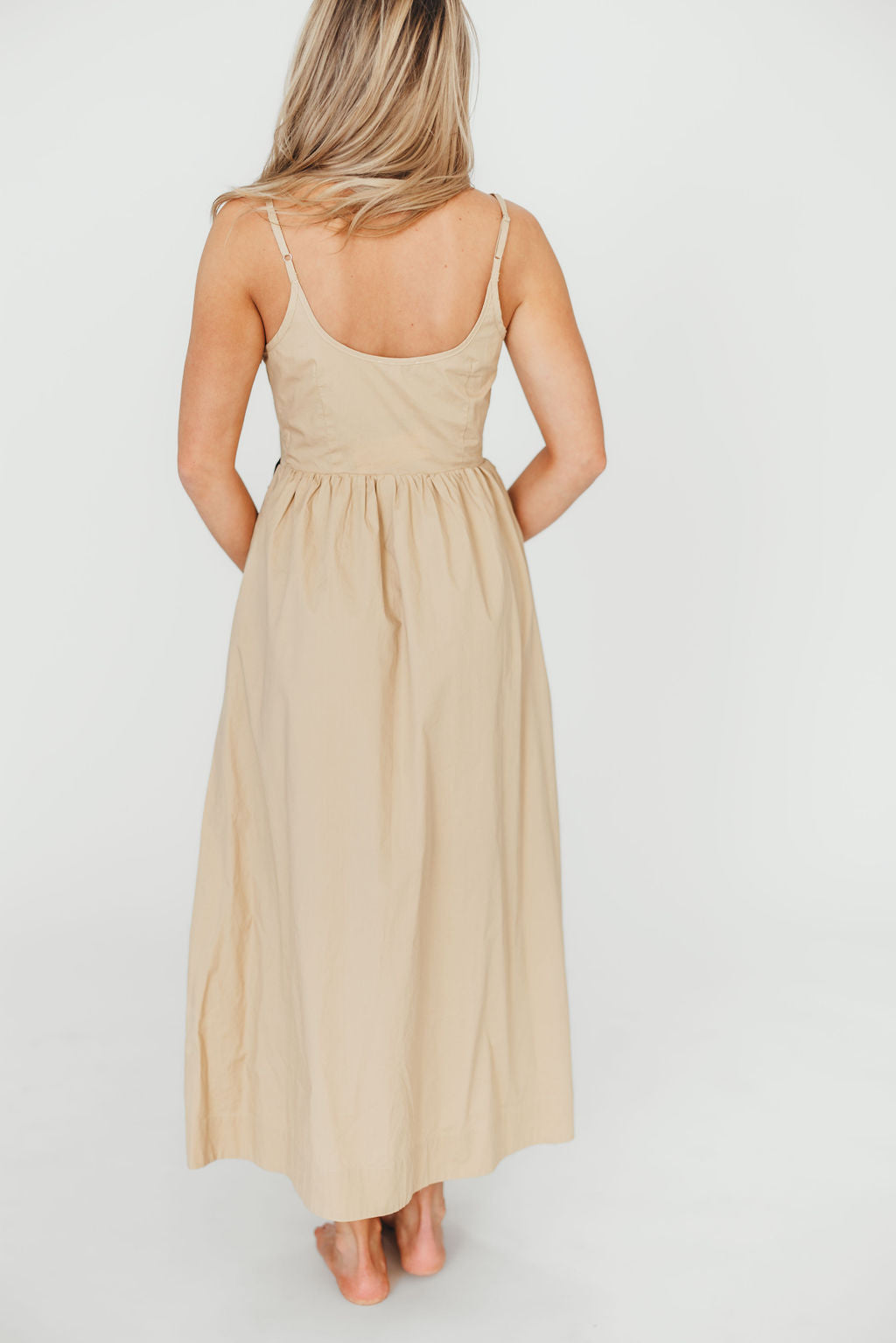 Celeste Square Neck Midi Dress with Bow Detail in Khaki - Elegant Women's Summer Dress for Weddings, Parties & Date Nights