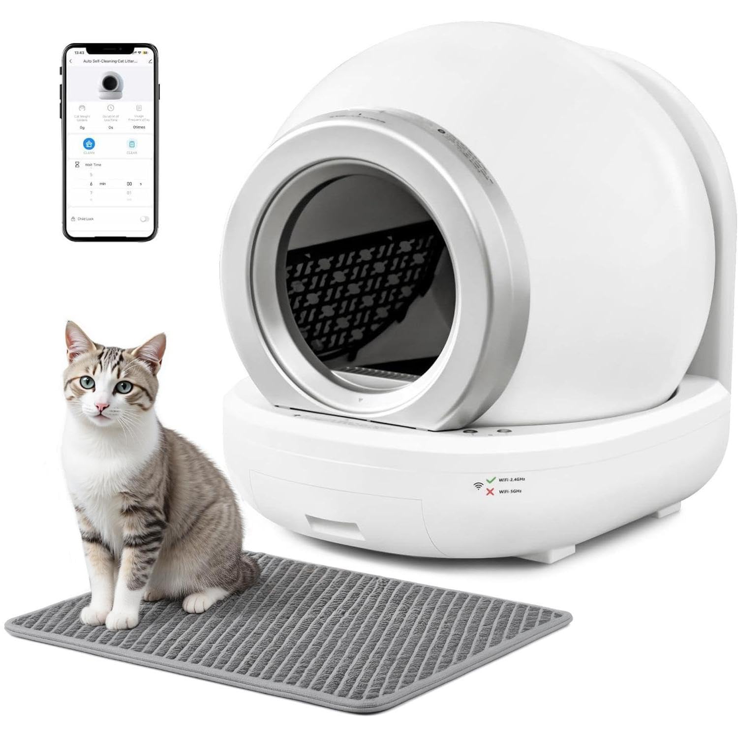 WARCAT Self Cleaning Cat Litter Box - Automatic Large Kitty Litter Box for Multiple Cats with App Control, Garbage Bags & Mats (White) - Perfect for Busy Pet Owners & Multi-Cat Households