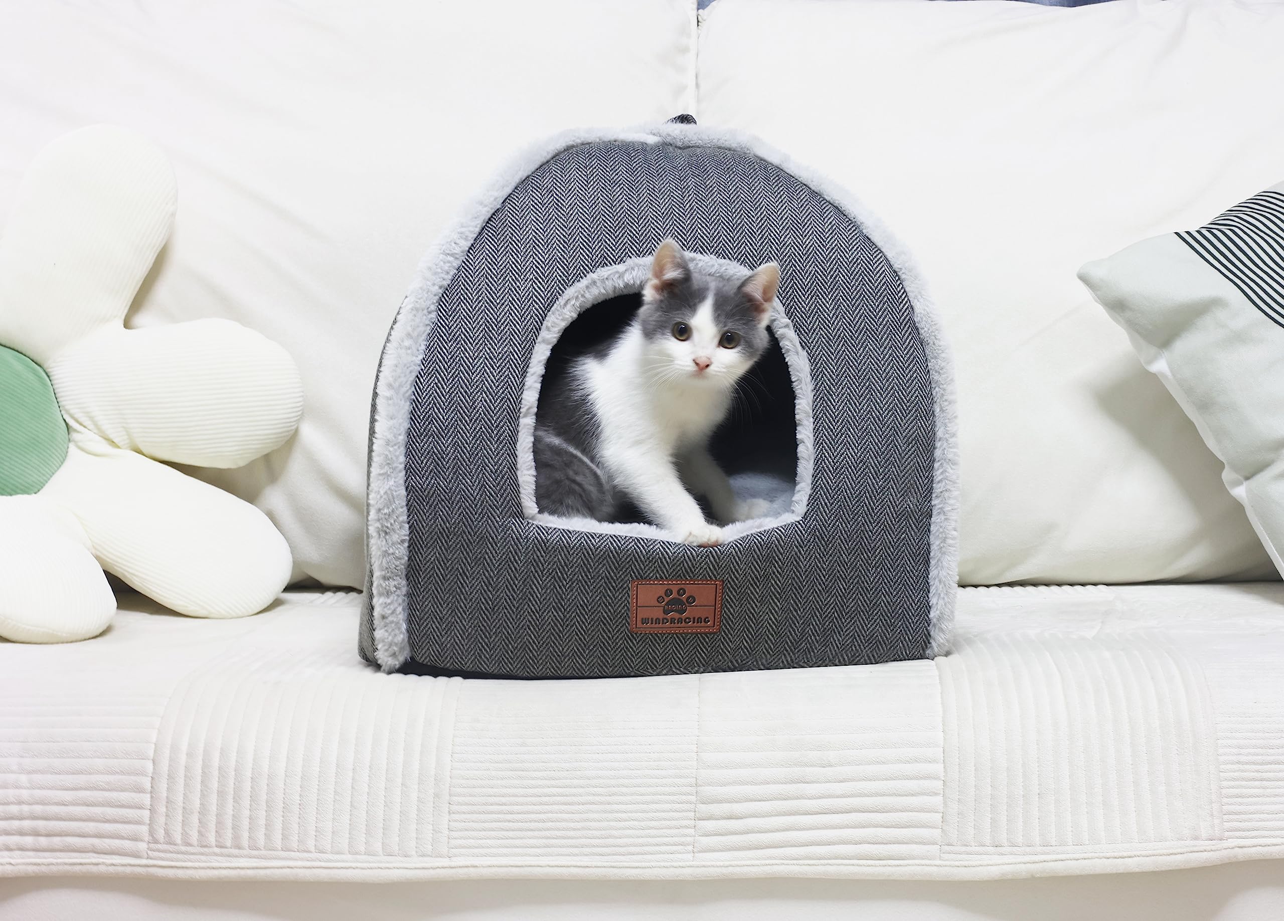 Cozy Self-Warming Cat Bed for Indoor Cats - Soft Washable Cat Cave with Removable Cushion, Grey Large Pet House for Kittens & Adult Cats | Perfect for Winter Warmth, Lounging & Stress Relief