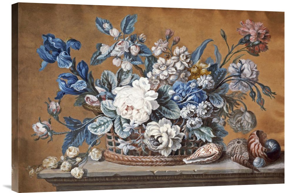 Peter Mazell A Basket of Dahlias & Delphiniums Canvas Wall Art Print - Gallery Wrap Giclee - Home & Office Décor - Perfect for Living Room, Bedroom, or Office Wall Decoration
