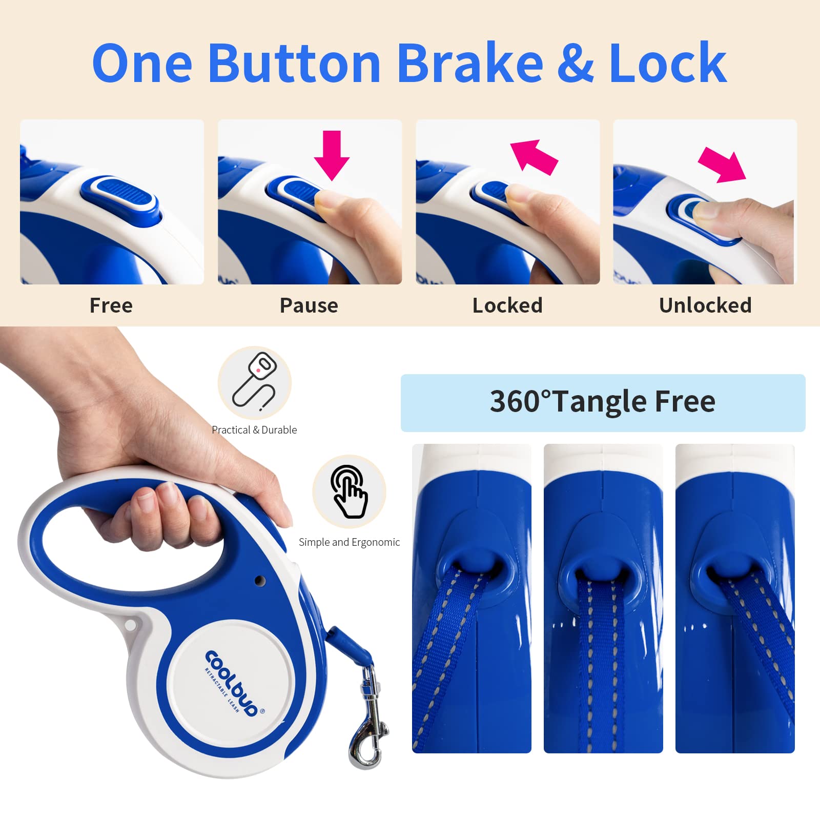 16FT Heavy Duty Retractable Dog Leash for Large Dogs up to 110lbs - Tangle-Free Nylon Tape with Reflective Stitching, Anti-Slip Handle & One-Hand Brake/Lock System (Blue, Large) - Perfect for Night Walks, Jogging & Outdoor Adventures with Your Pet