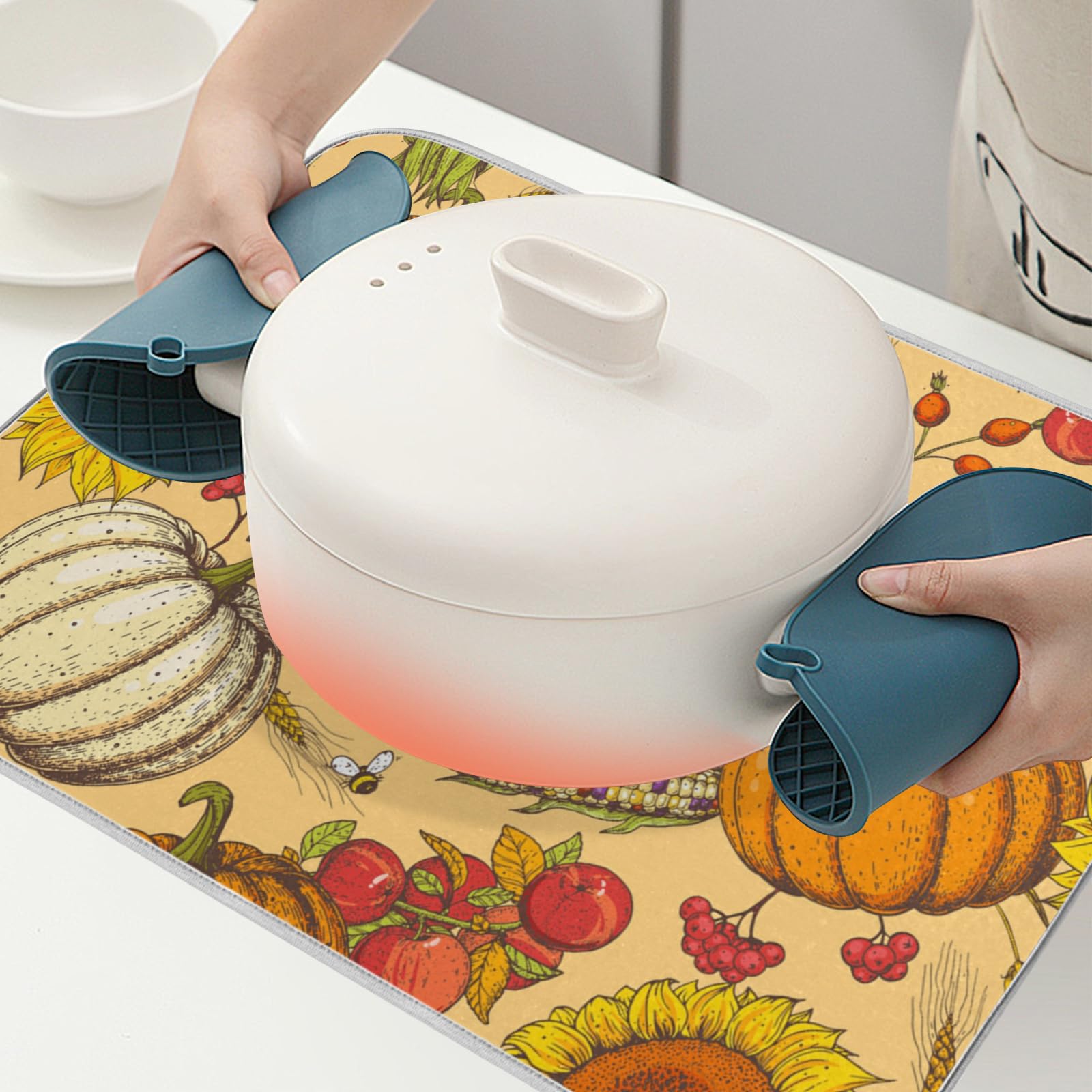 Pumpkin Dish Drying Mat 18x24 Inch - Absorbent Kitchen Counter Mat for Dishes & Utensils