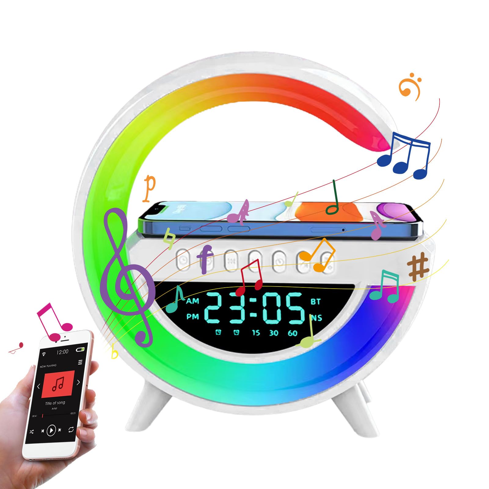**Kaxenig Wireless Speaker with LED Night Light & Bluetooth | 10W Fast Wireless Charger | Alarm Clock & Timer | Multi-Color Bedroom Lamp for Home, Office, and Travel**    *(Use for relaxing music, ambient lighting, phone charging, and waking up gently with the alarm clock in bedrooms, offices, or while traveling.)*