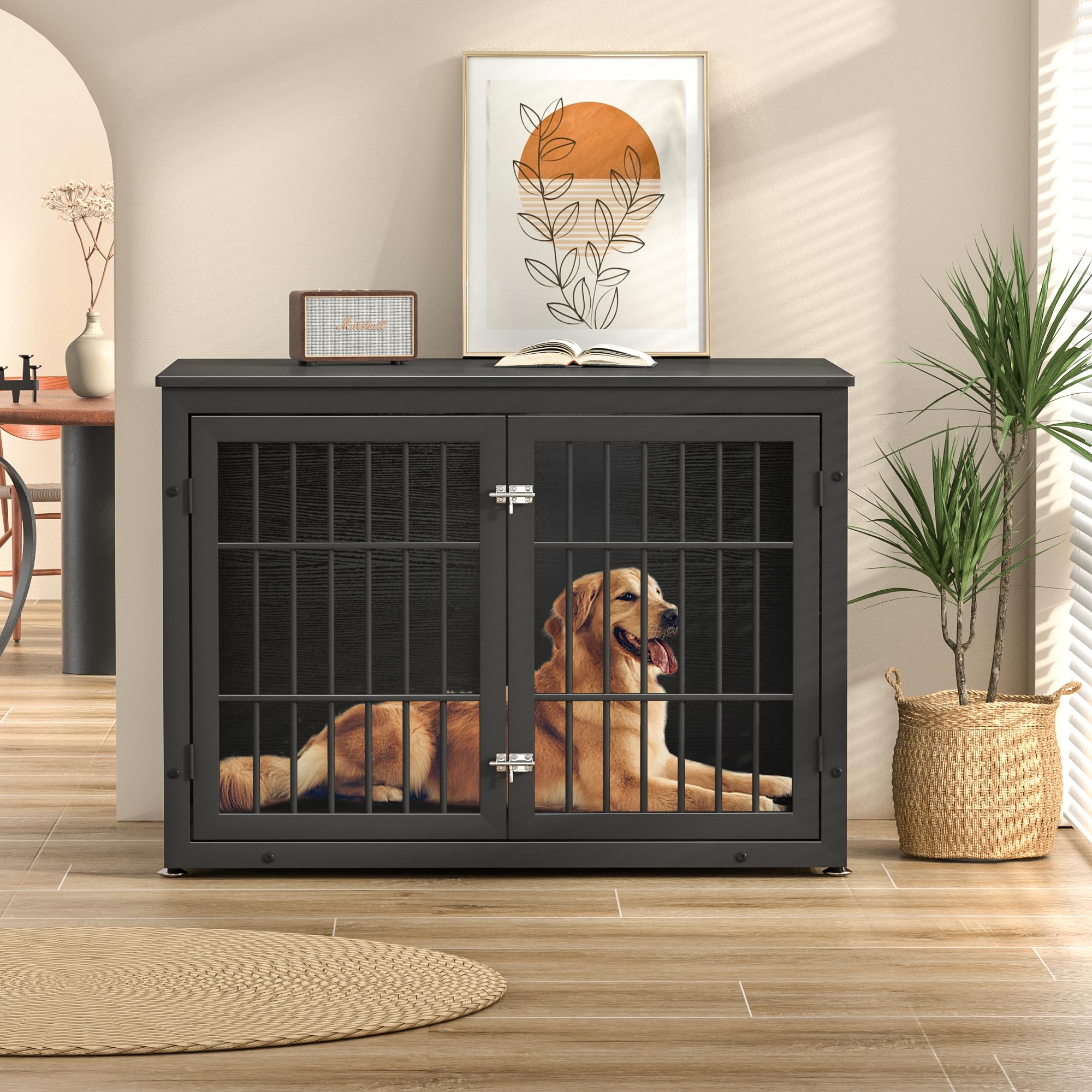 Heavy Duty Dog Crate Furniture for Large & Medium Dogs - Indestructible Metal Kennel for Anxious Pets - Wooden Cage Kennel End Table with Decorative Design (Black) | Perfect for Living Room, Bedroom & Home Office Use