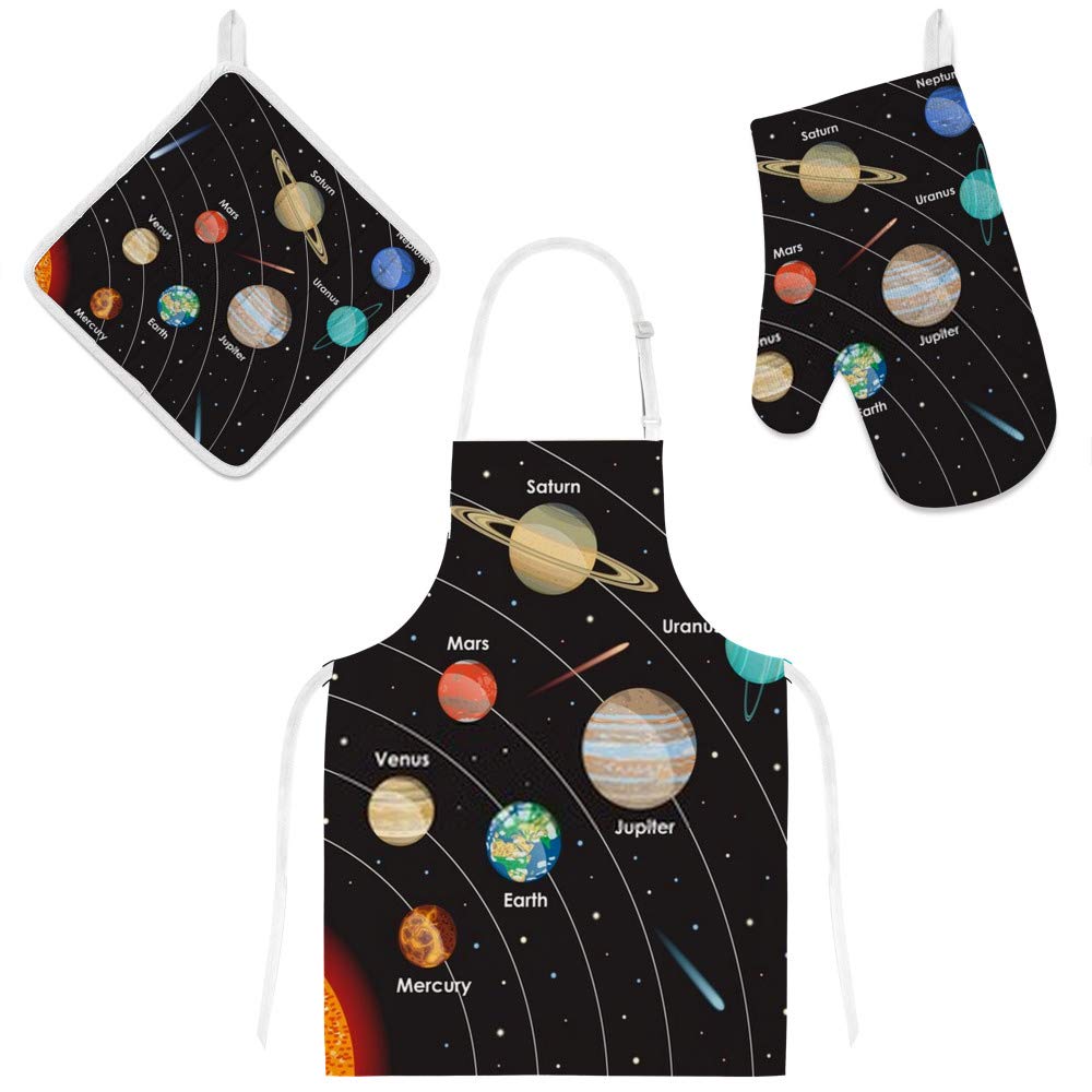 Kuizee 3-Piece Kitchen Apron Set - Solar System Themed Oven Mitts, Pot Holder & Apron for Cooking, Baking & BBQ - Perfect Gift for Home Chefs & Astronomy Lovers