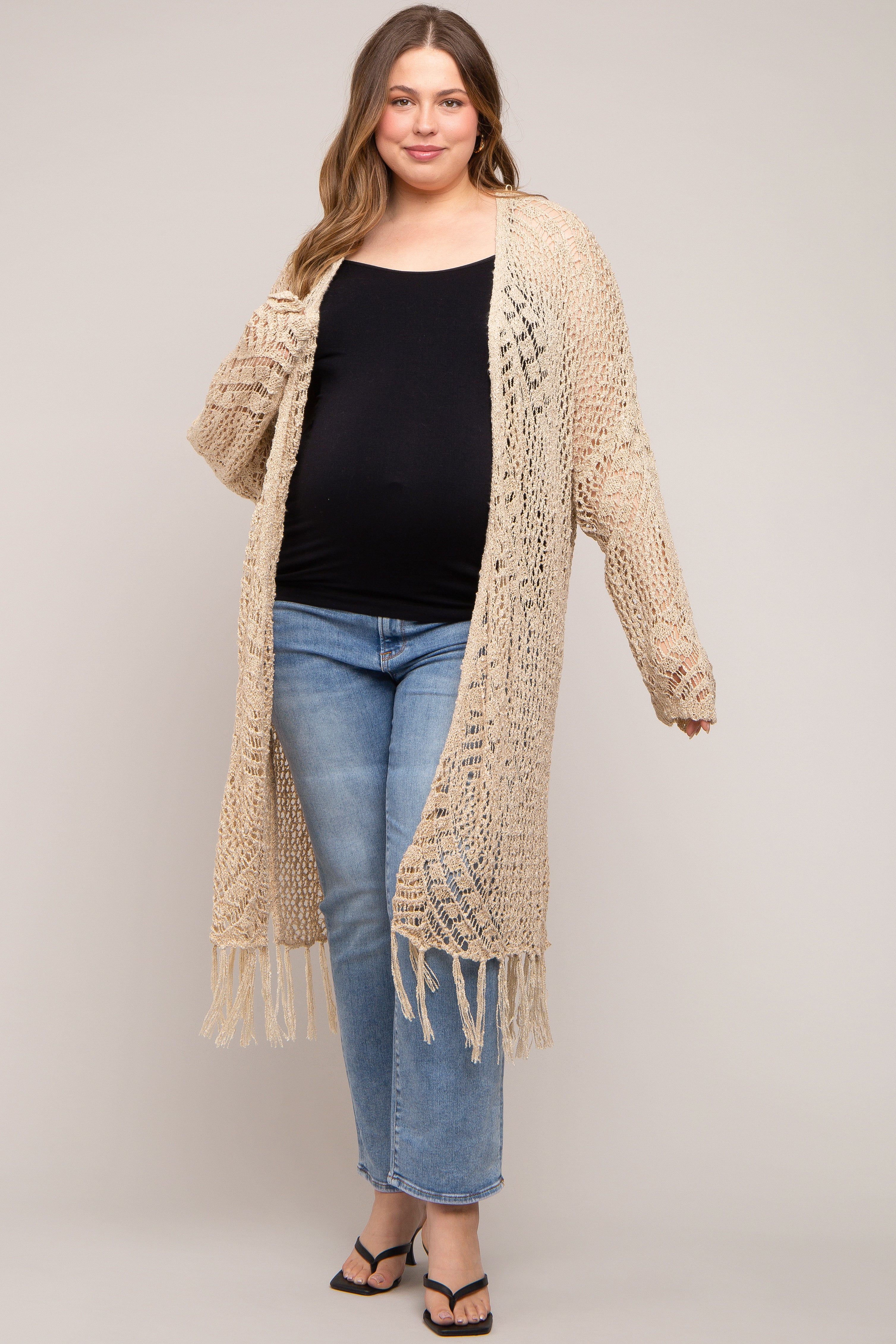 Beige Crochet Fringe Hem Maternity Plus Size Cardigan for Women - Cozy Pregnancy Sweater for Nursing, Baby Shower & Photo Shoots